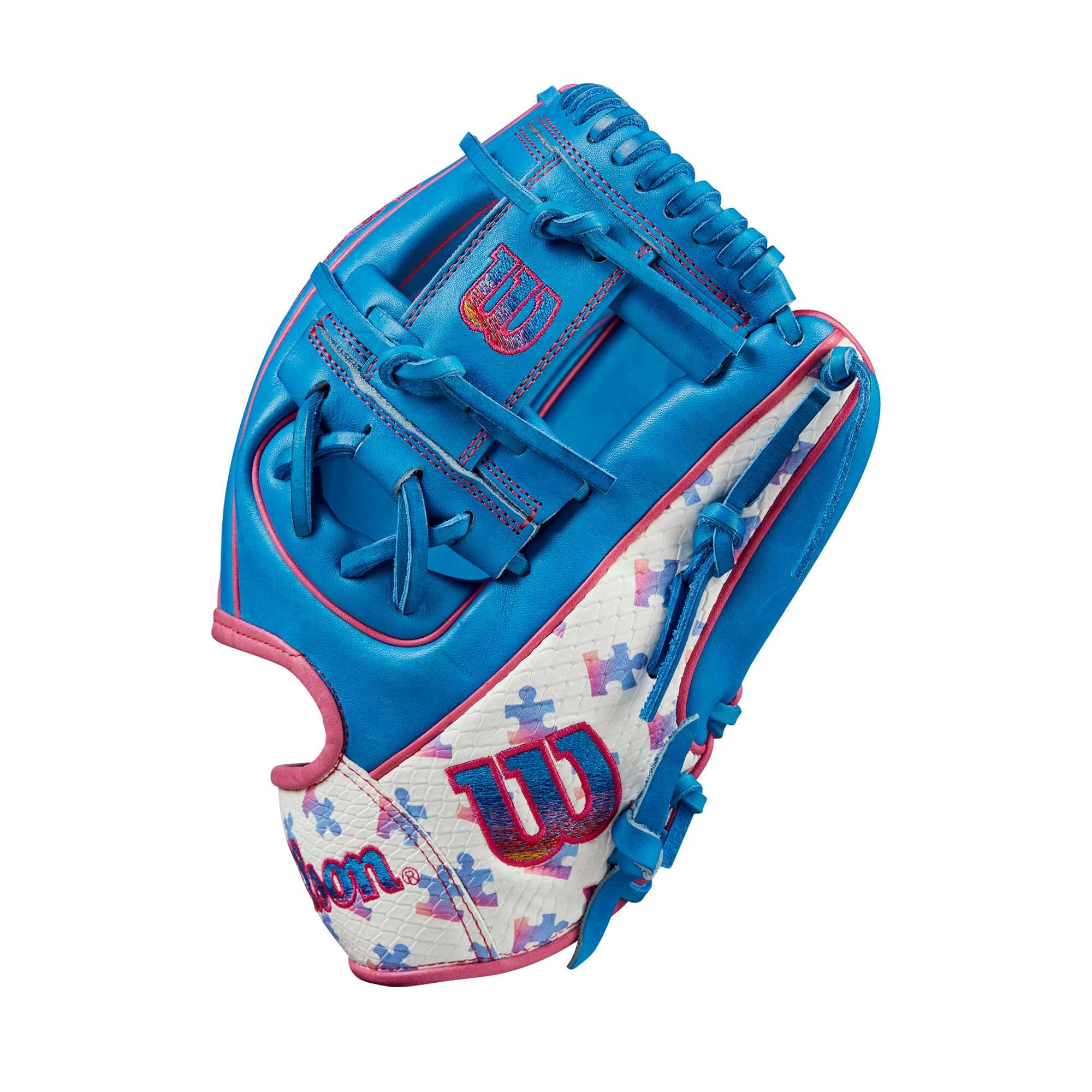 Wilson 2024 Autism Speaks A2000 1786 infield baseball glove, 11.5” with blue and white Autism logos and SuperSnakeSkin™ panels.