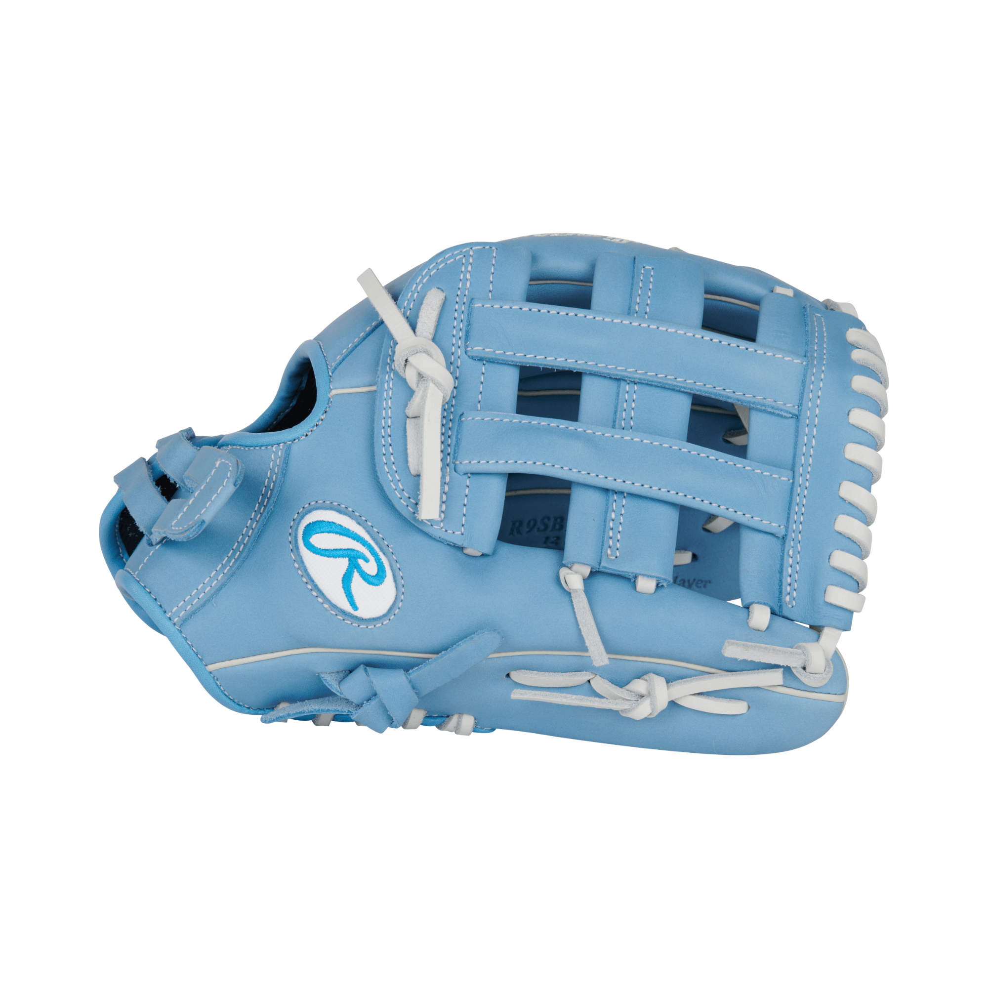 Rawlings R9 Series Softball Glove in Columbia Blue, 12-inch, designed for fastpitch players and right-hand throwers.