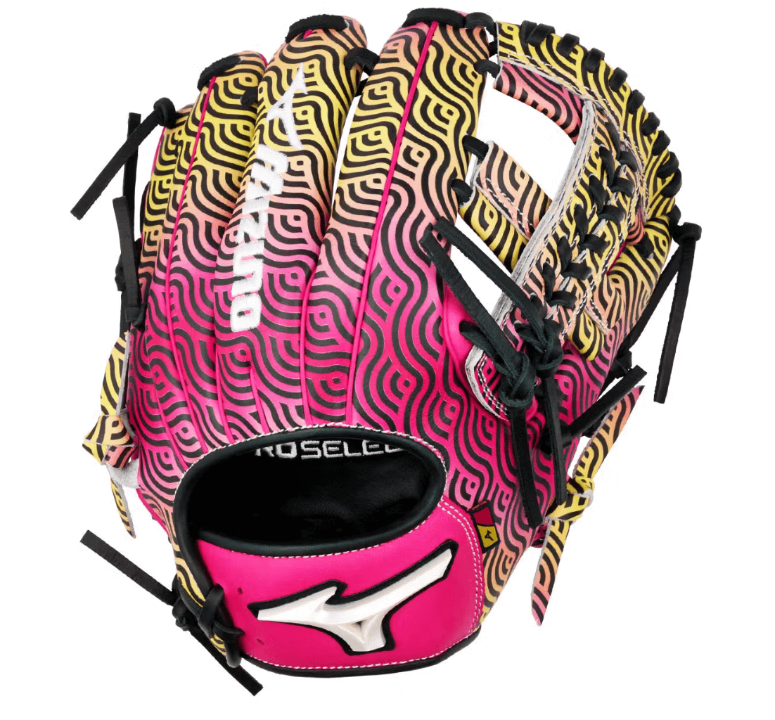 Backhand view of Mizuno Pro Select GPS-40RMP Miami Breeze 11.5" Infield Glove with pink and black M-Print webbing and lacing.