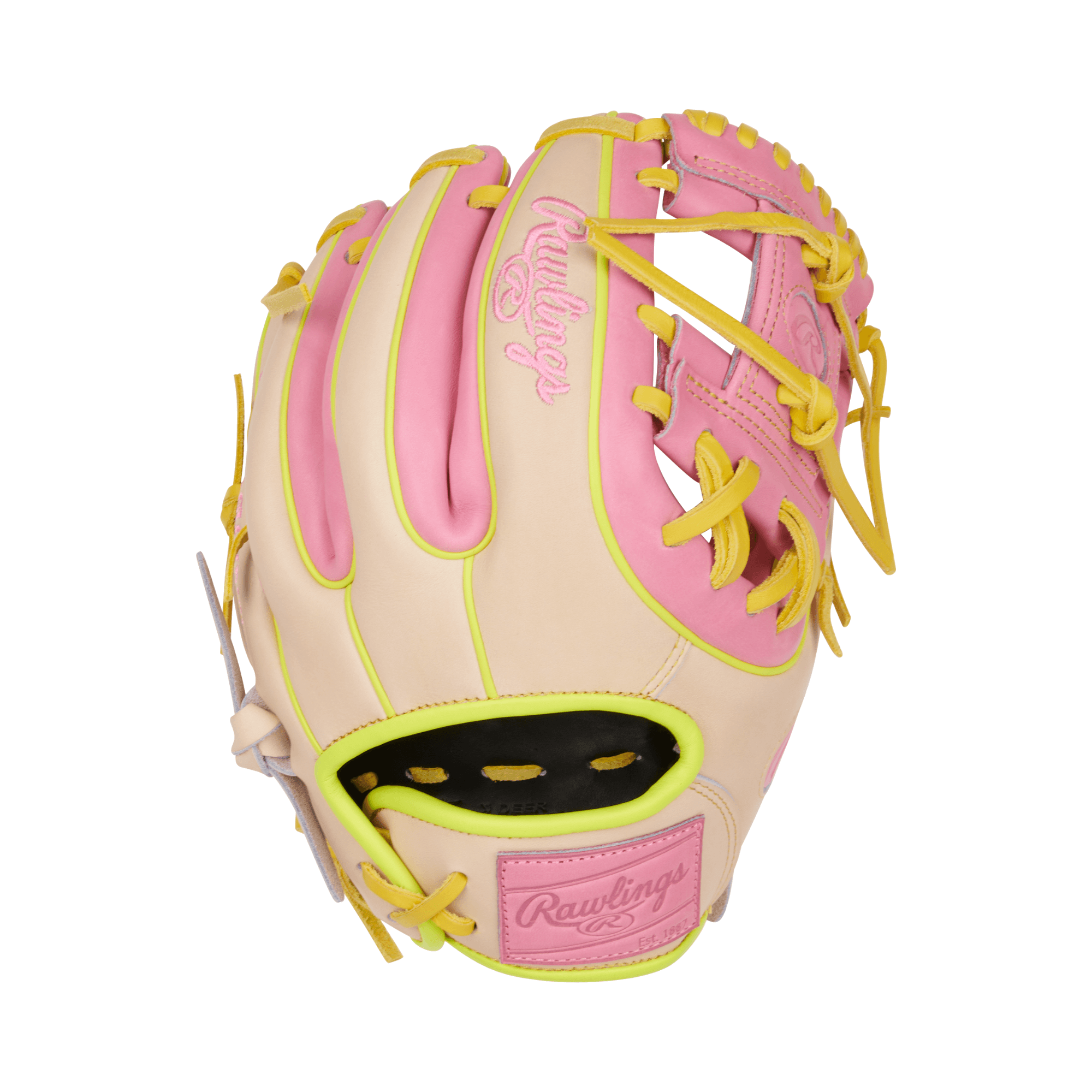 Back view of the Rawlings glove featuring camel shell color and banana yellow binding and welting