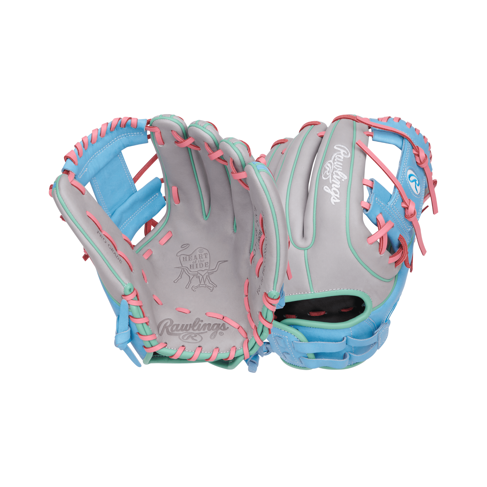 Rawlings Heart of the Hide Series Softball Glove in gray and Columbia Blue, 12 inches, designed for adult fastpitch players.