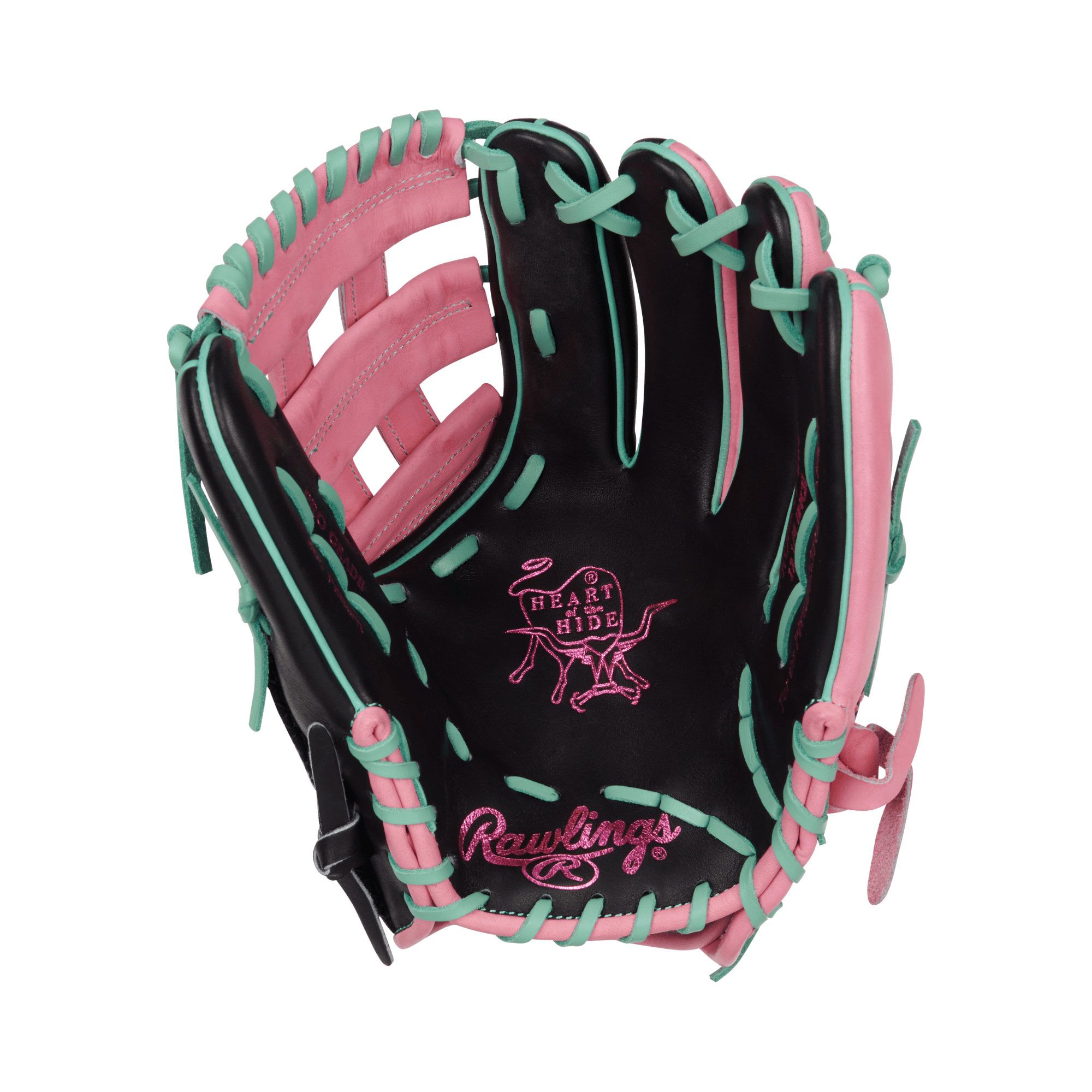 Palm view of the Rawlings outfield glove highlighting Heart of the Hide leather with factory break-in for immediate gameplay.