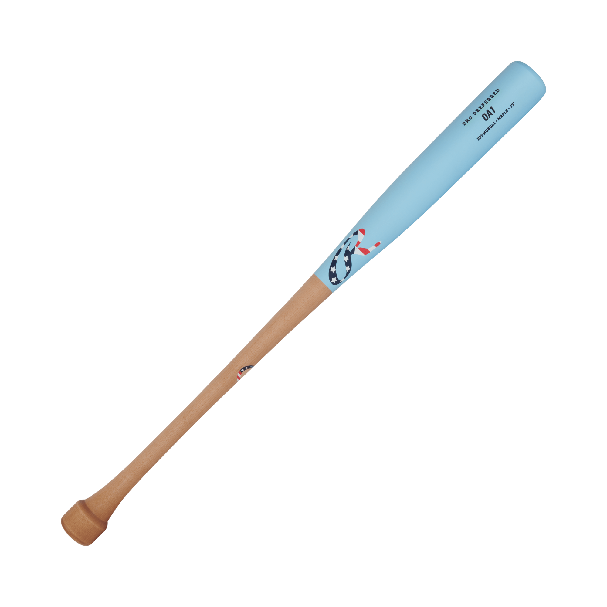 Rawlings Pro Preferred OA1 maple wood bat in tan and Columbia Blue, featuring a puck knob for enhanced precision and balance.