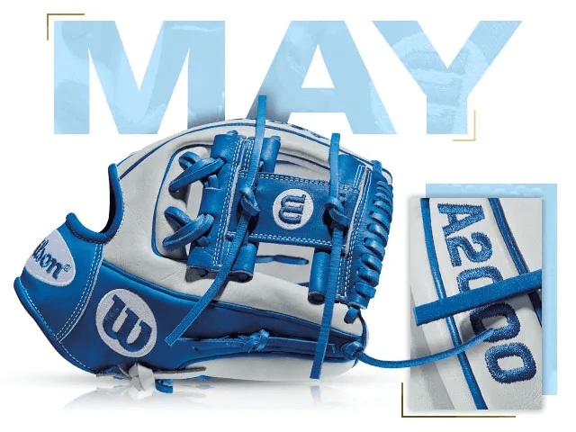 Wilson 100 GOTM May 2016 custom baseball glove in blue and white, featuring A2000 branding and fan-designed elements.