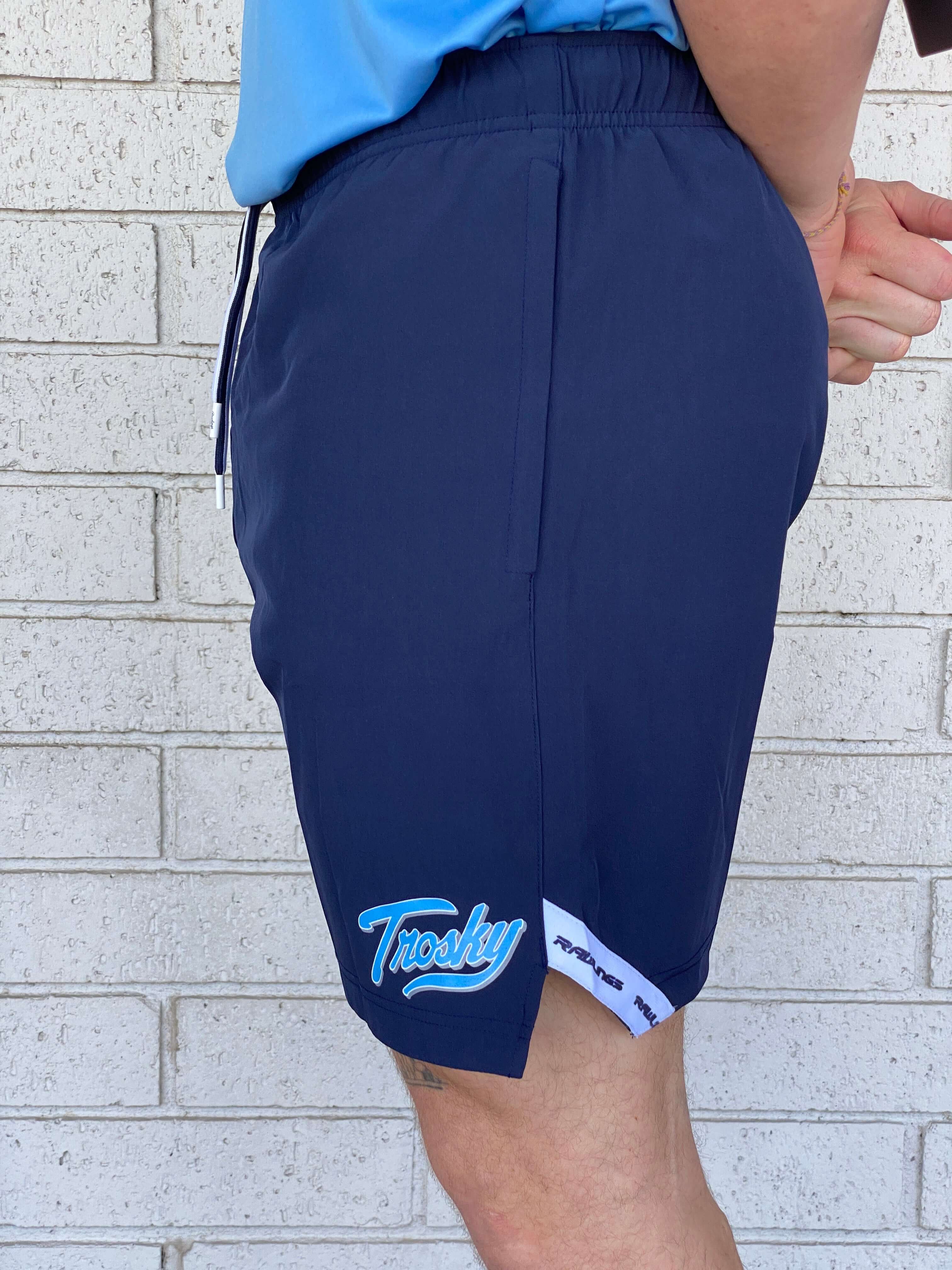Rawlings Trosky Shorts in navy, showcasing side view and logo, perfect for athletic wear and active lifestyle.