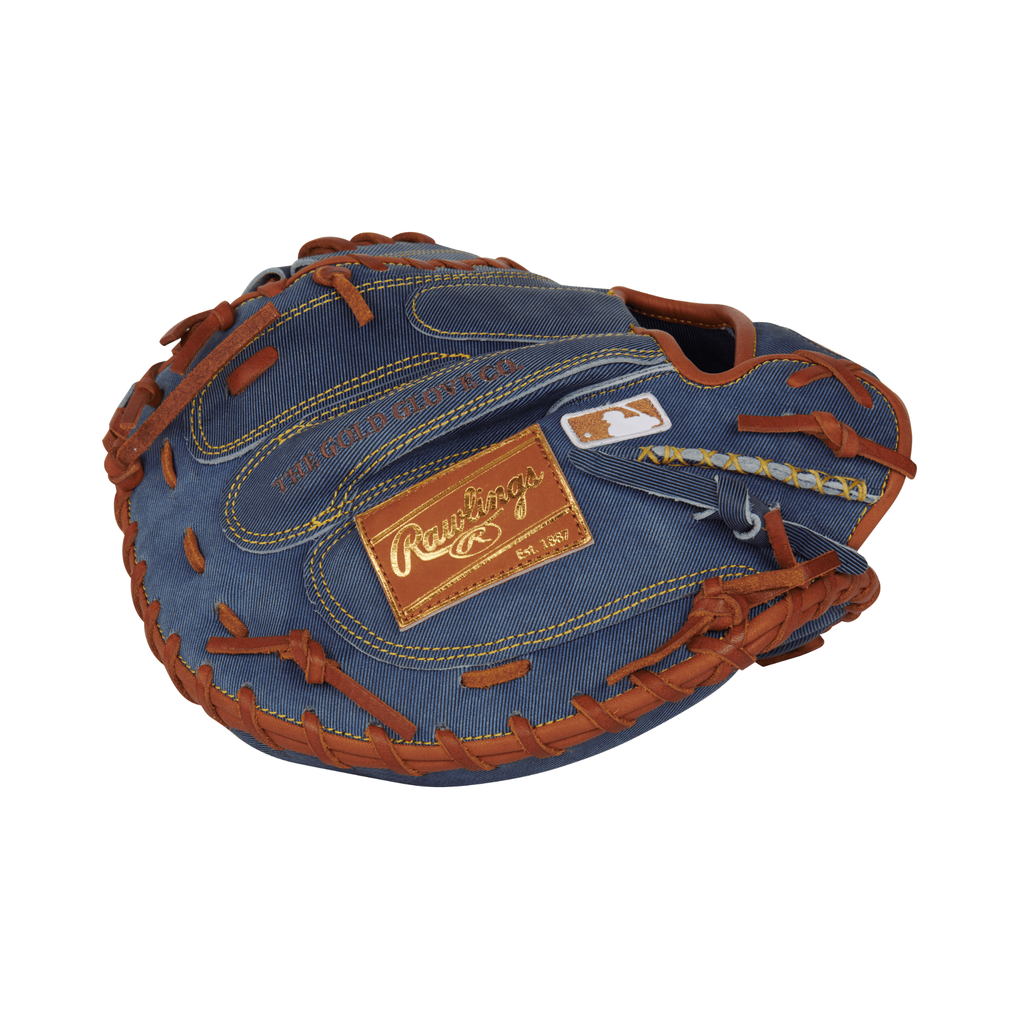 Rawlings Heart of the Hide Pro Label Denim Edition Catchers Mitt, 34" RHT with denim finish and rich brown stitching.