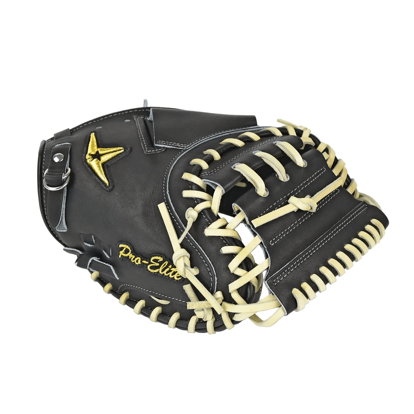 All-Star Pro-Elite Japan 34" Catchers Mitt Black/Camel backhand view with cream lacing and signature logo