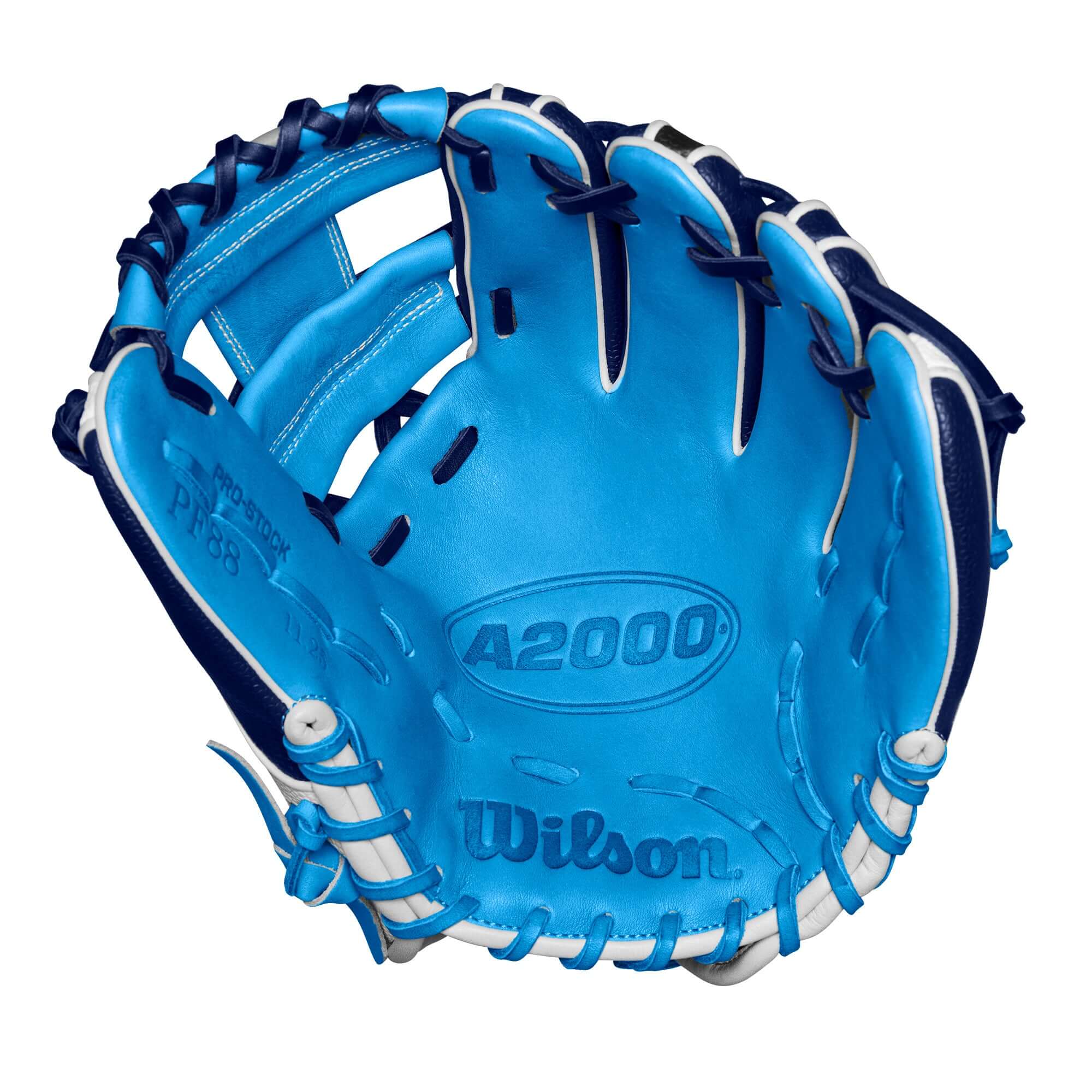 Wilson A2000 PF88SS infield baseball glove in navy and sky blue, designed for players with smaller hands, 11.25" reach.