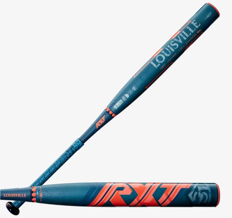 Louisville Slugger FP RXT (-10) fastpitch bat, side profile view, blue with orange graphics and weight stamp visible.