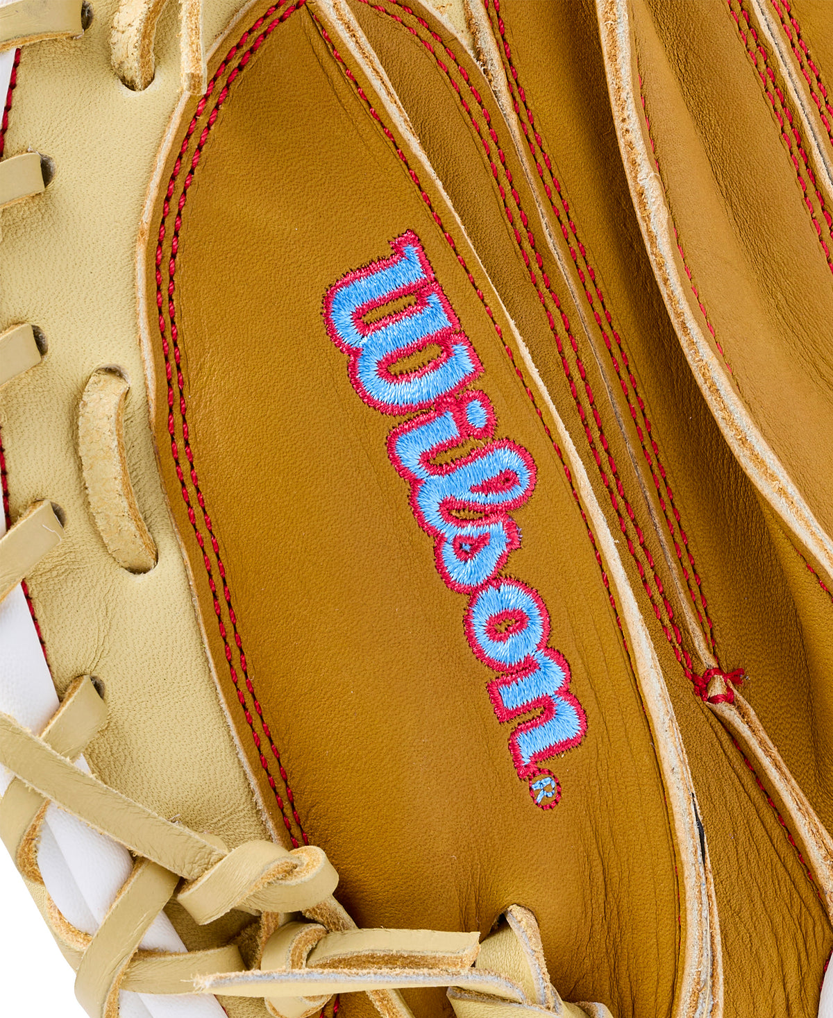 Close-up of Wilson 2027 A1000 PF33 33” Baseball Catcher’s Mitt showing stitching details and logo.