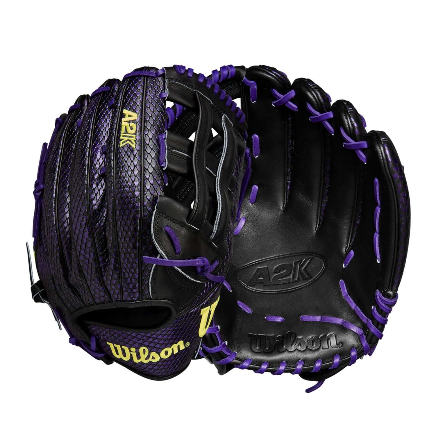 Back and palm view of Wilson A2K BD9 1799 12.75'' Outfield Glove in Purple/Black SnakeSkin with premium Pro Stock® Select leather.