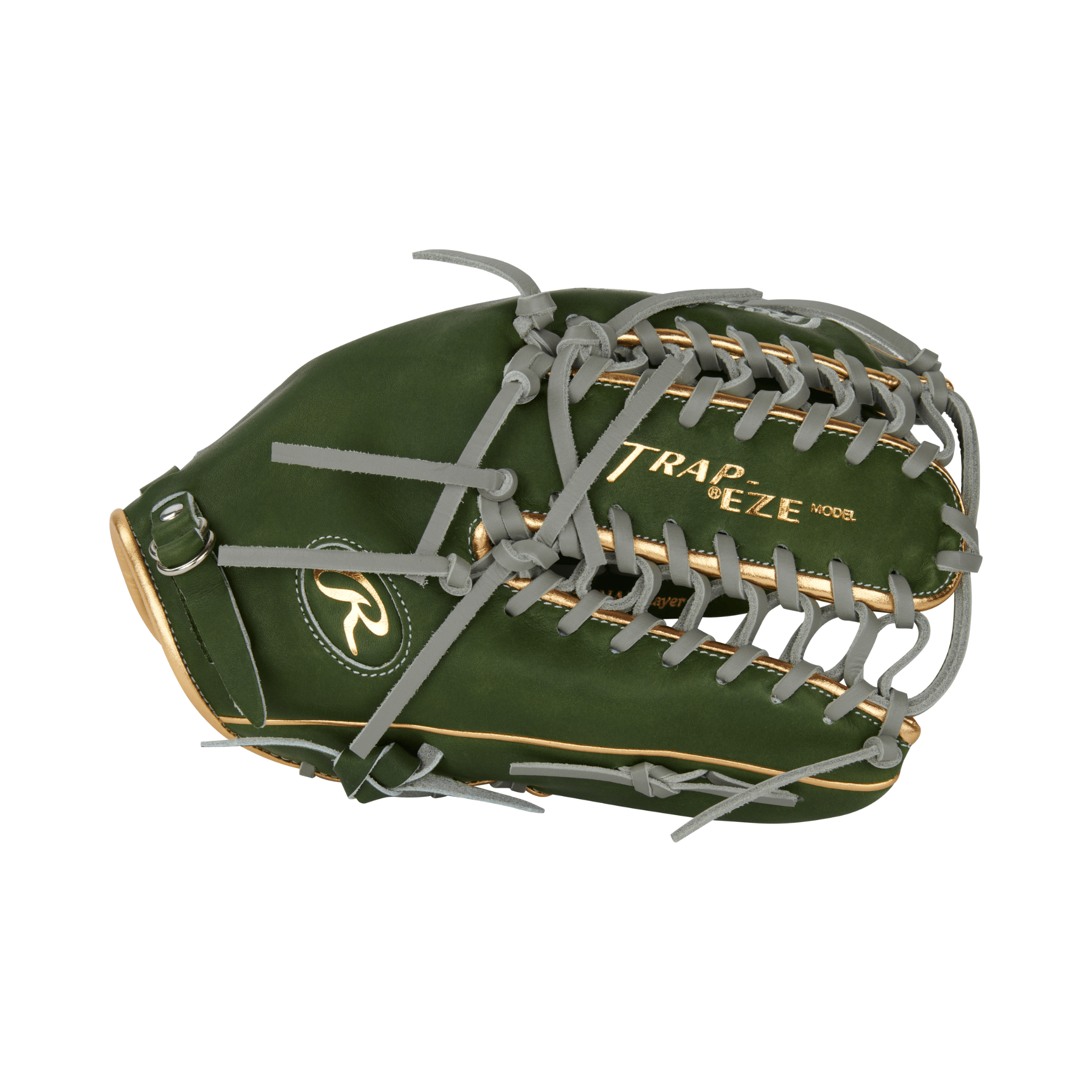Rawlings Gold Glove Club PROMT27MGG 12.75" glove in military green with gold accents and gray lacing.
