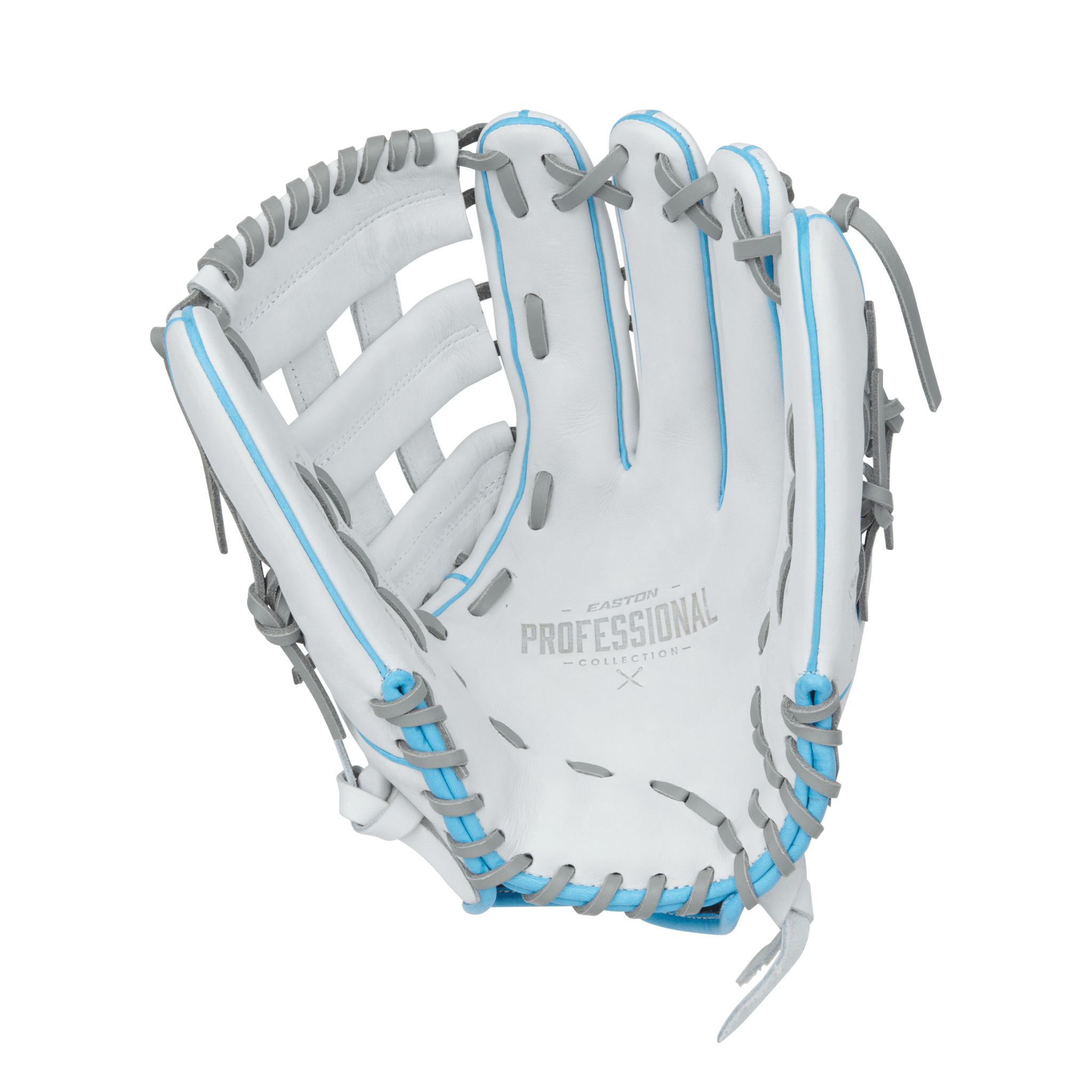 Easton Pro Collections 13" softball glove in white, Columbia blue, and pink for fastpitch players.