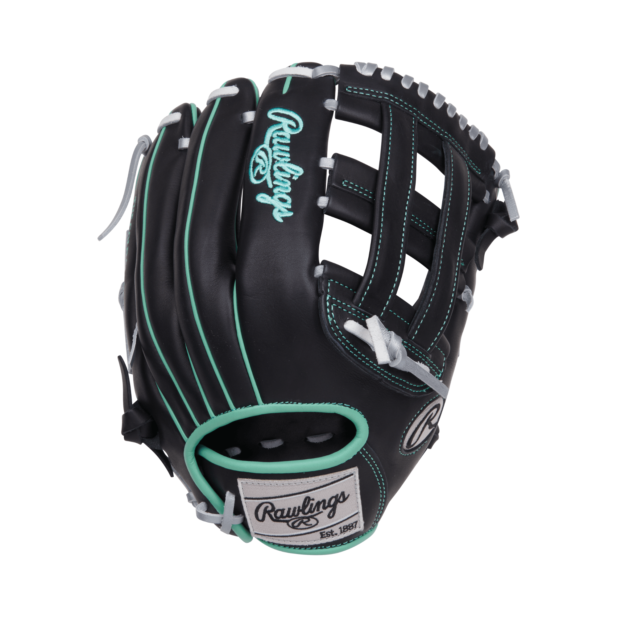 Rawlings NXT Series 12.5" Contour Fit Outfield Baseball Glove in black and teal for optimal performance.