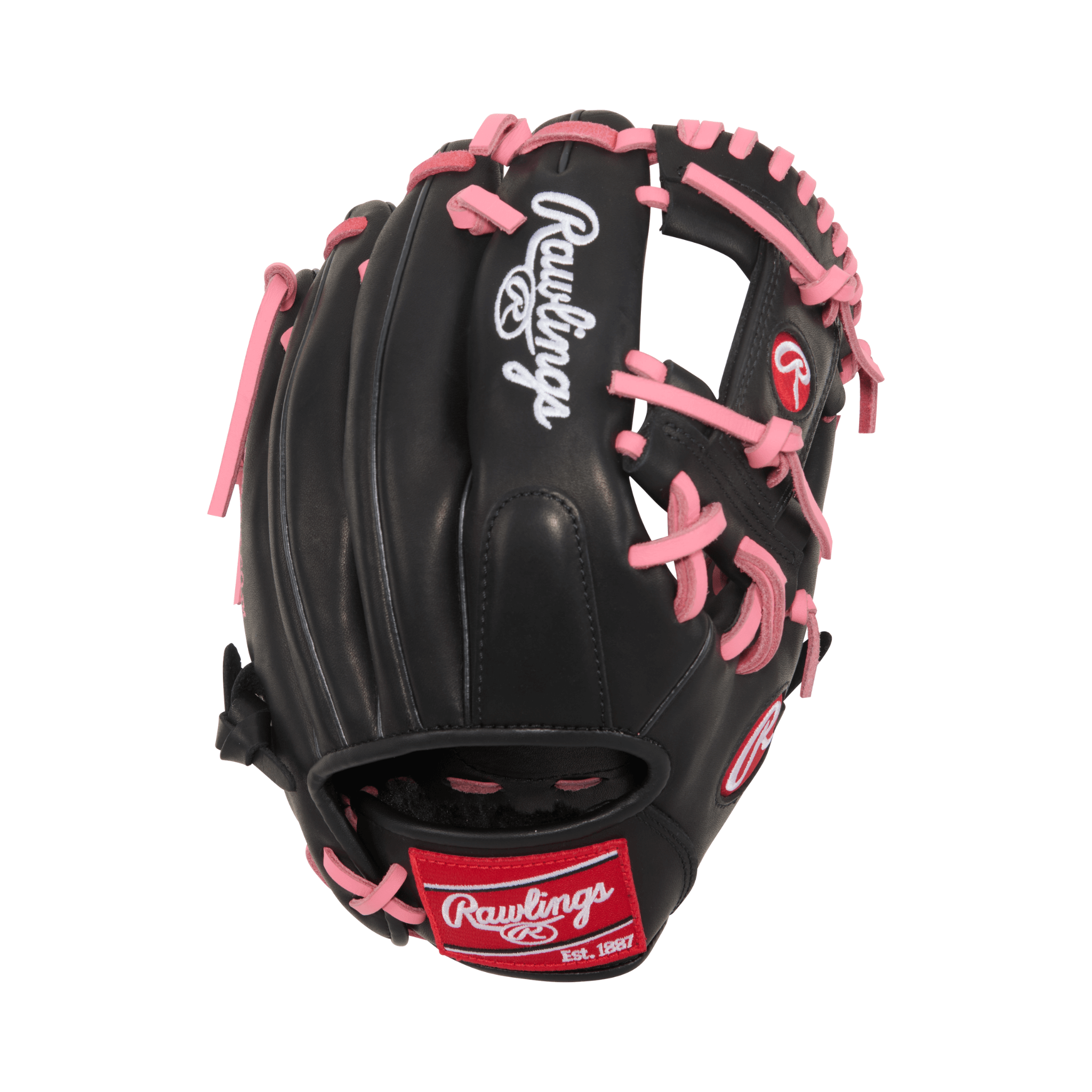 Rawlings R9 Contour Series 11.25" baseball glove in black with pink accents, designed for infield performance and agility.