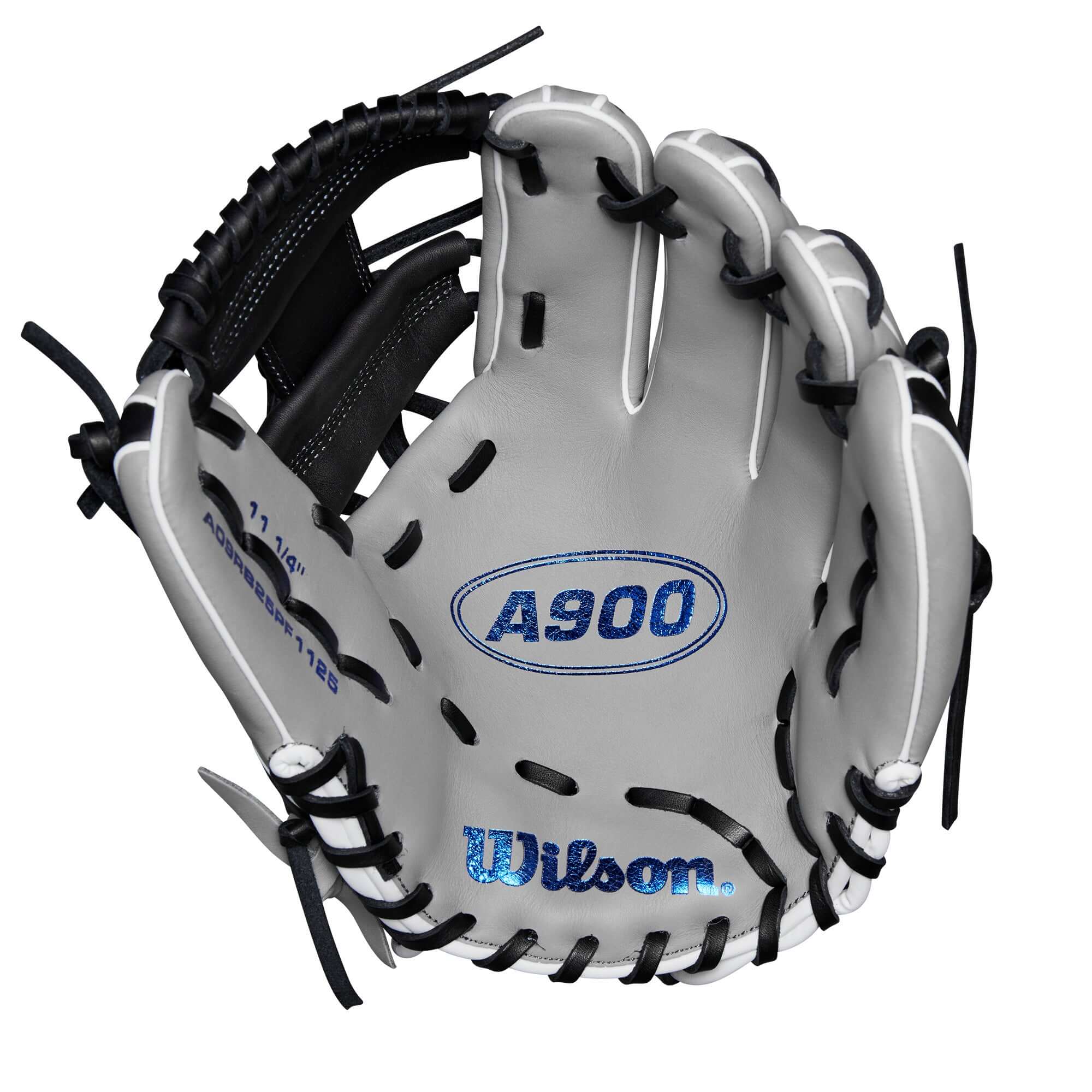 Wilson A900 PF1125 grey and black baseball glove for youth players, 11.25 inches, showing soft leather and secure fit.