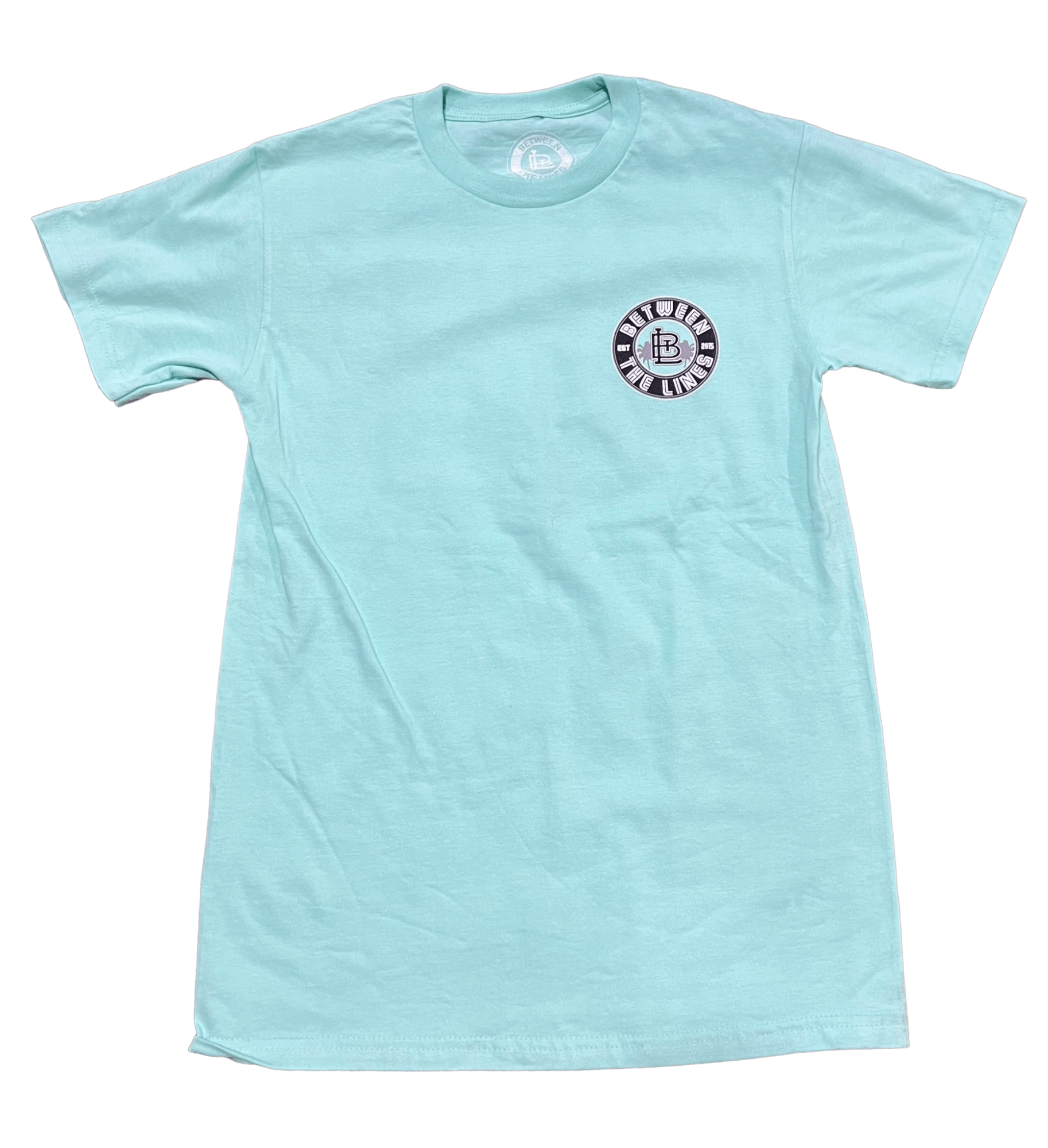 Mint green short sleeve t-shirt with a circular logo on the chest, perfect for casual summer wear.