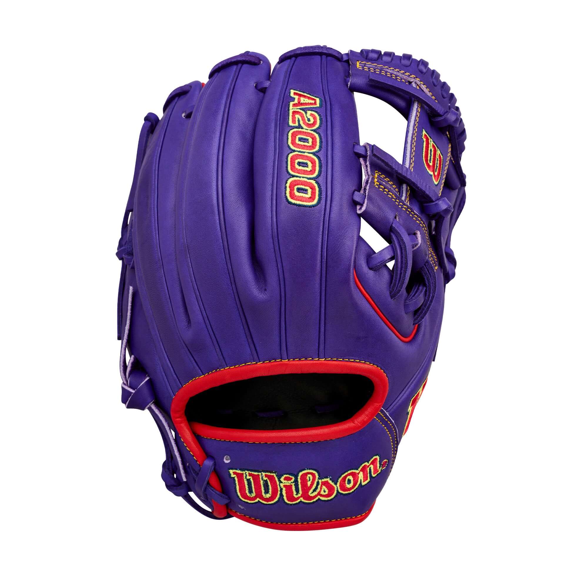 Backhand view of Wilson Ground Ball Grape A2000 1786 11.5" Infield Baseball Glove with purple leather and red lacing.
