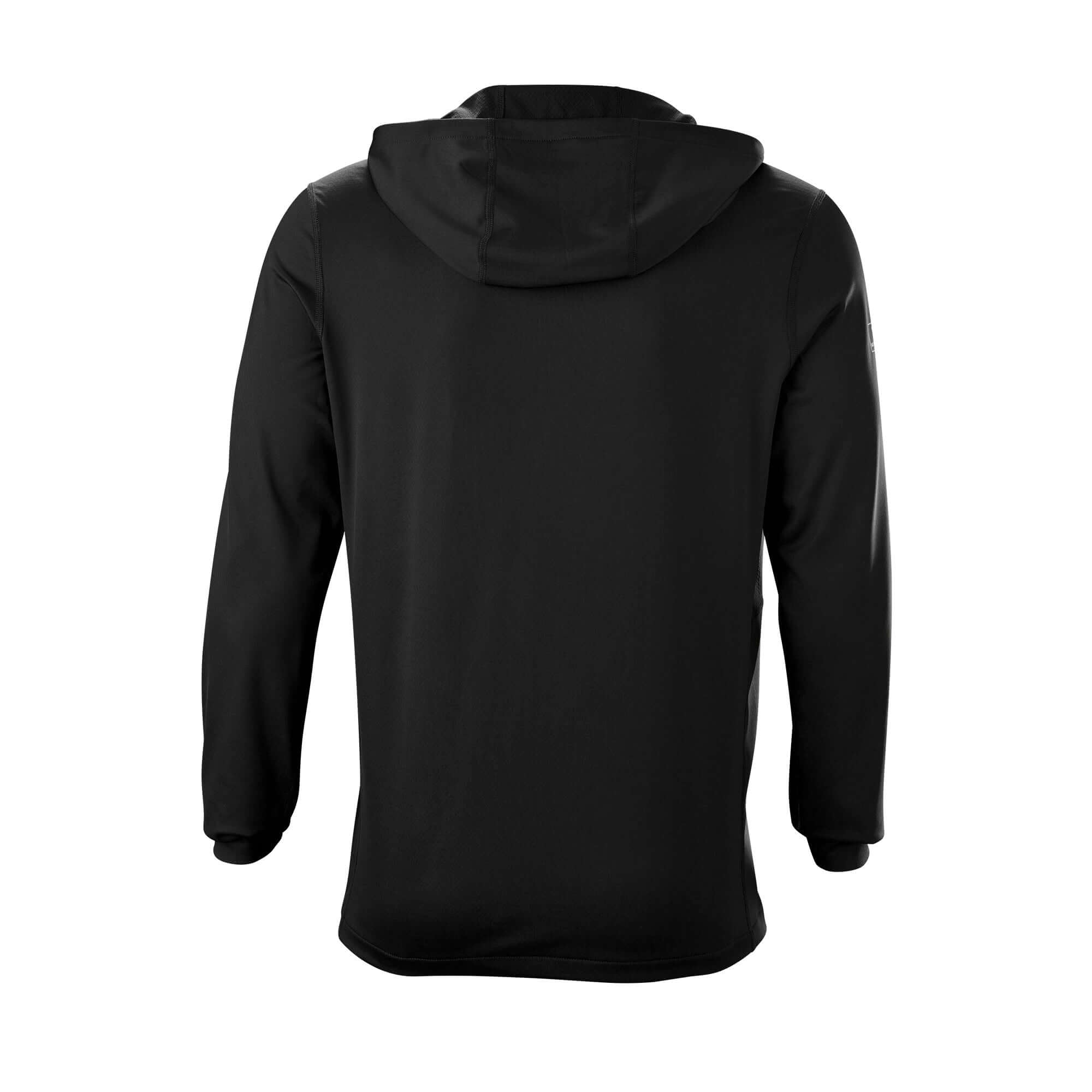 Back view of EvoShield Adult Lightweight Training Hoodie 2.0 in black, showcasing its sleek design and hood.