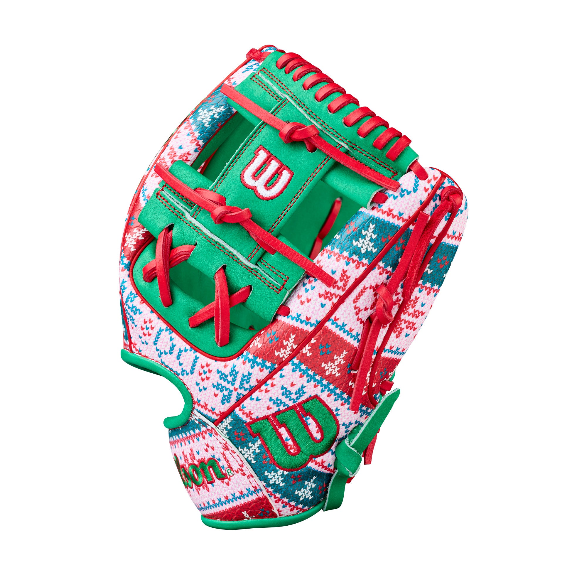 Thumb section of Wilson Glove of the Month (GOTM) December 2025 A2000 1975 Christmas 11.75" Baseball Glove with red lace detail and Wilson branding.