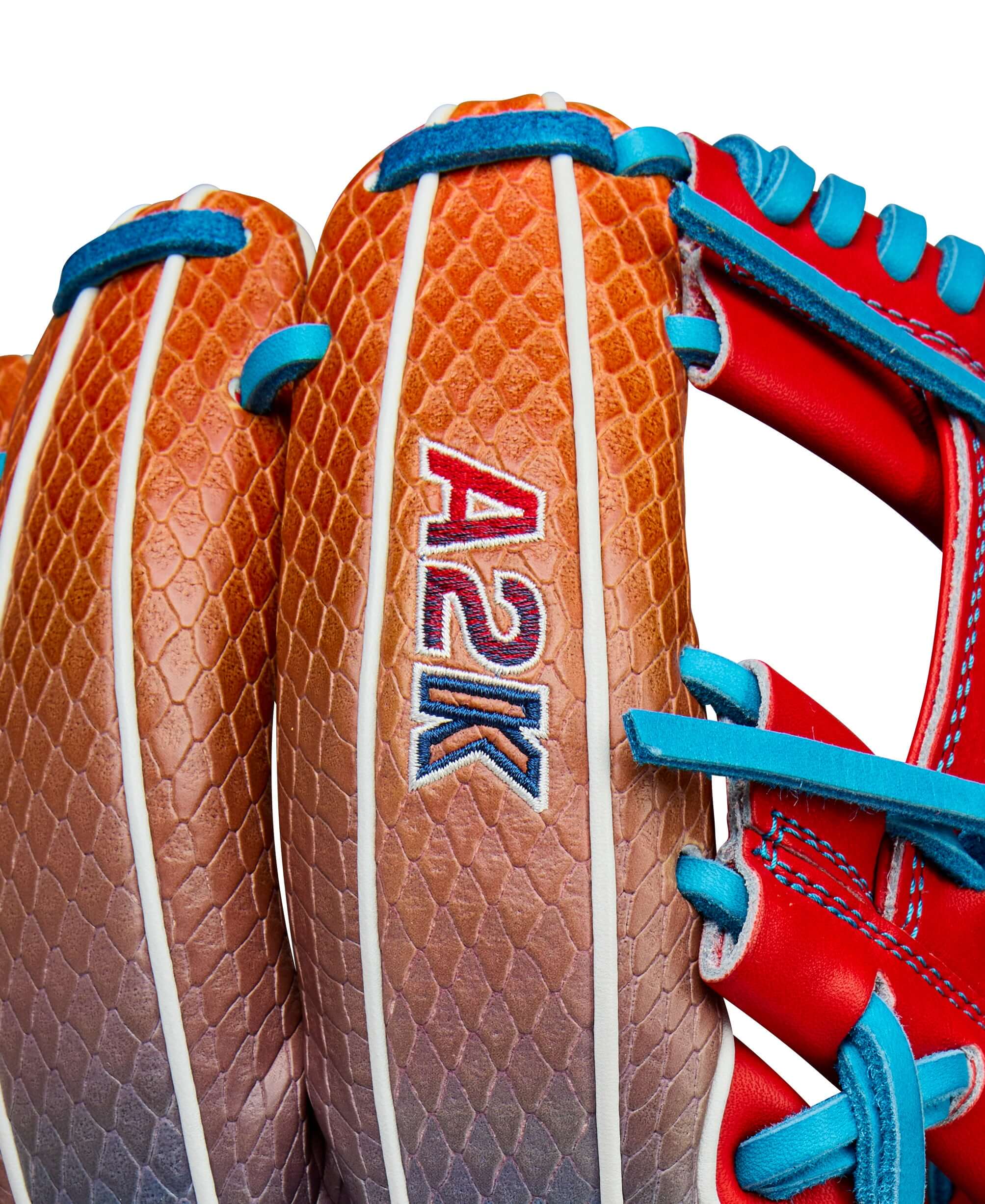 Wilson A2K 1786SS infield baseball glove featuring Red and Blue Gradient SuperSnakeSkin™ design.