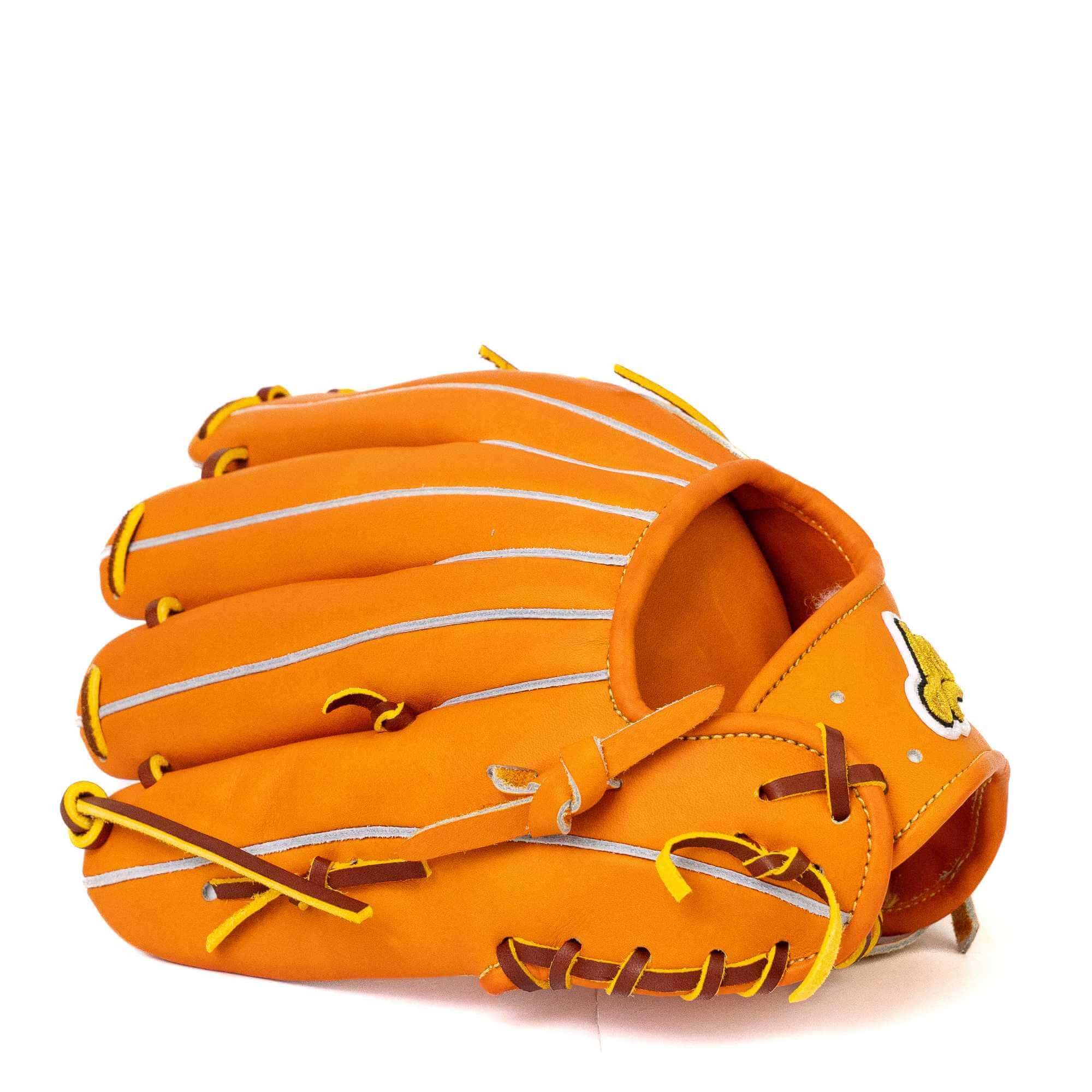 Jax EN-7 infielding glove in vibrant orange and tan, showcasing flexible design and deep pocket for baseball performance.