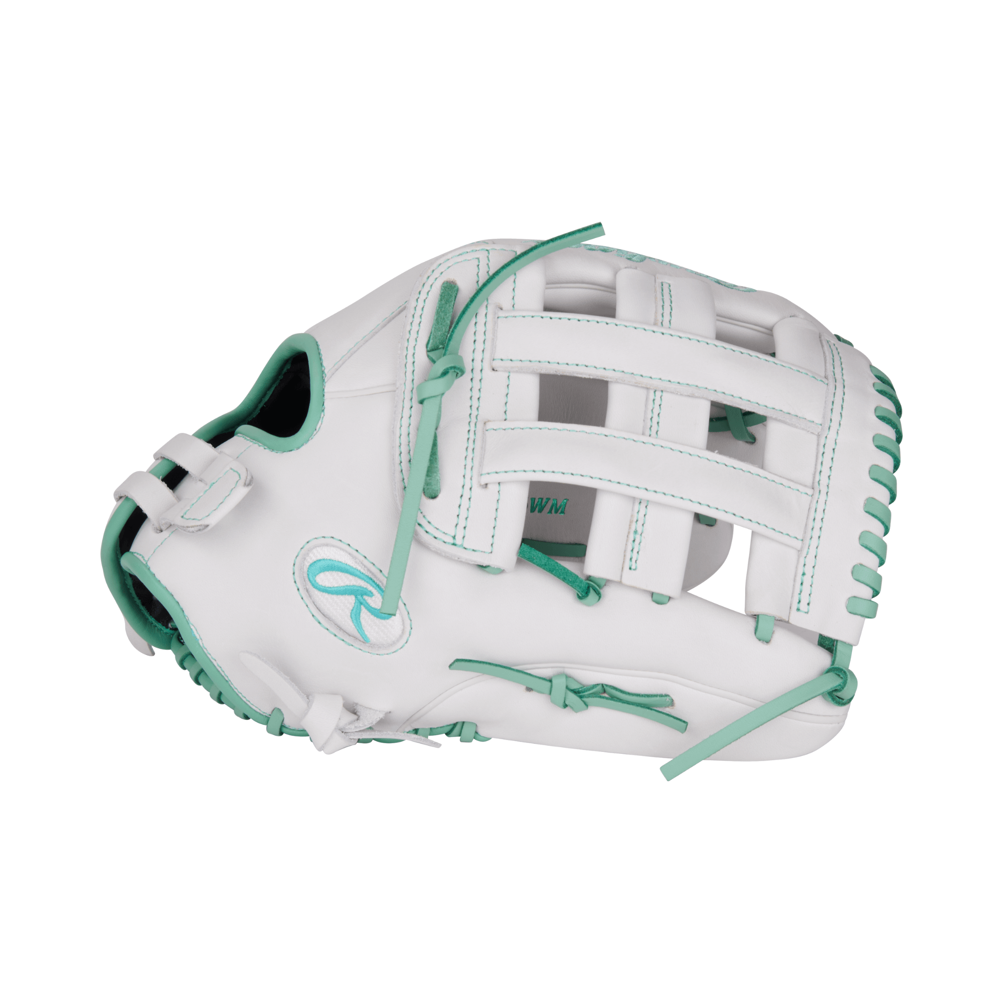 Rawlings Liberty Advanced 13" White Softball Glove for right-hand throwers, featuring teal accents and advanced materials.