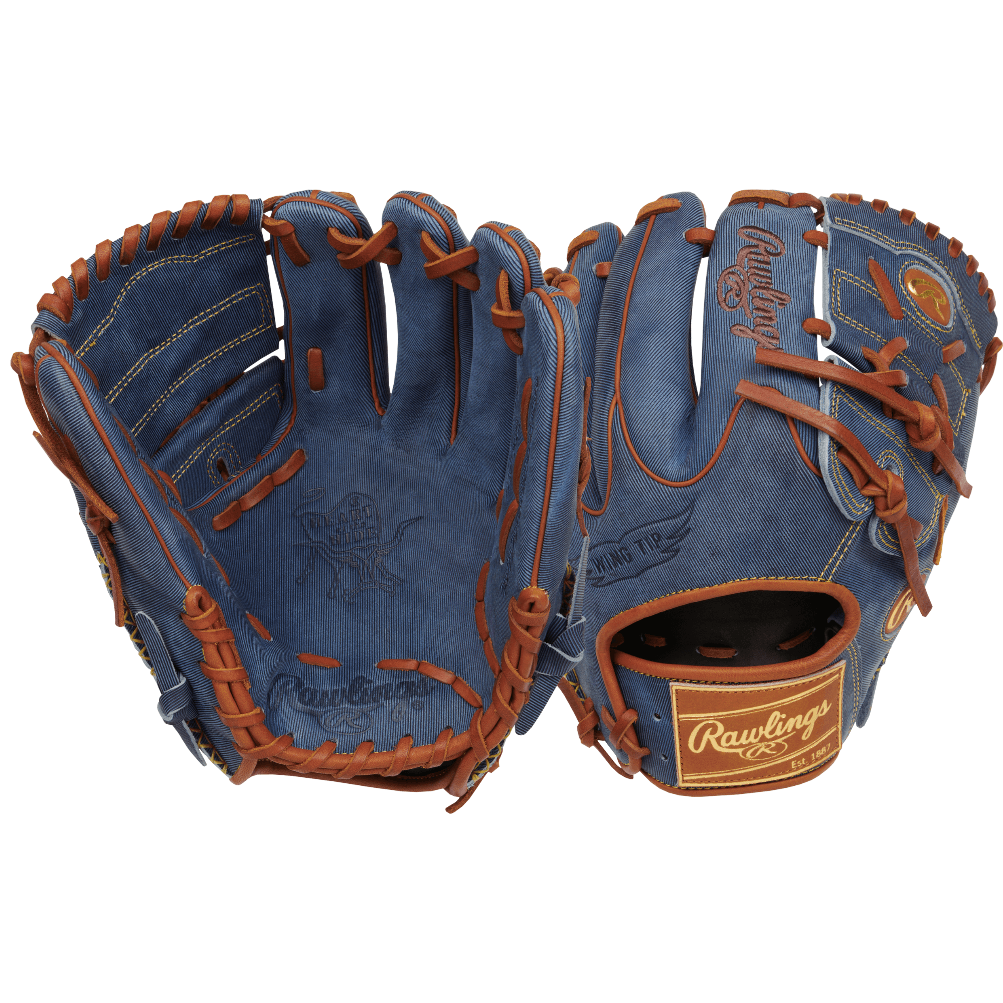 Rawlings Heart of the Hide Pro Label Denim Edition Pitcher Glove with brown stitching and Wing-Tip design, showing unique denim finish.