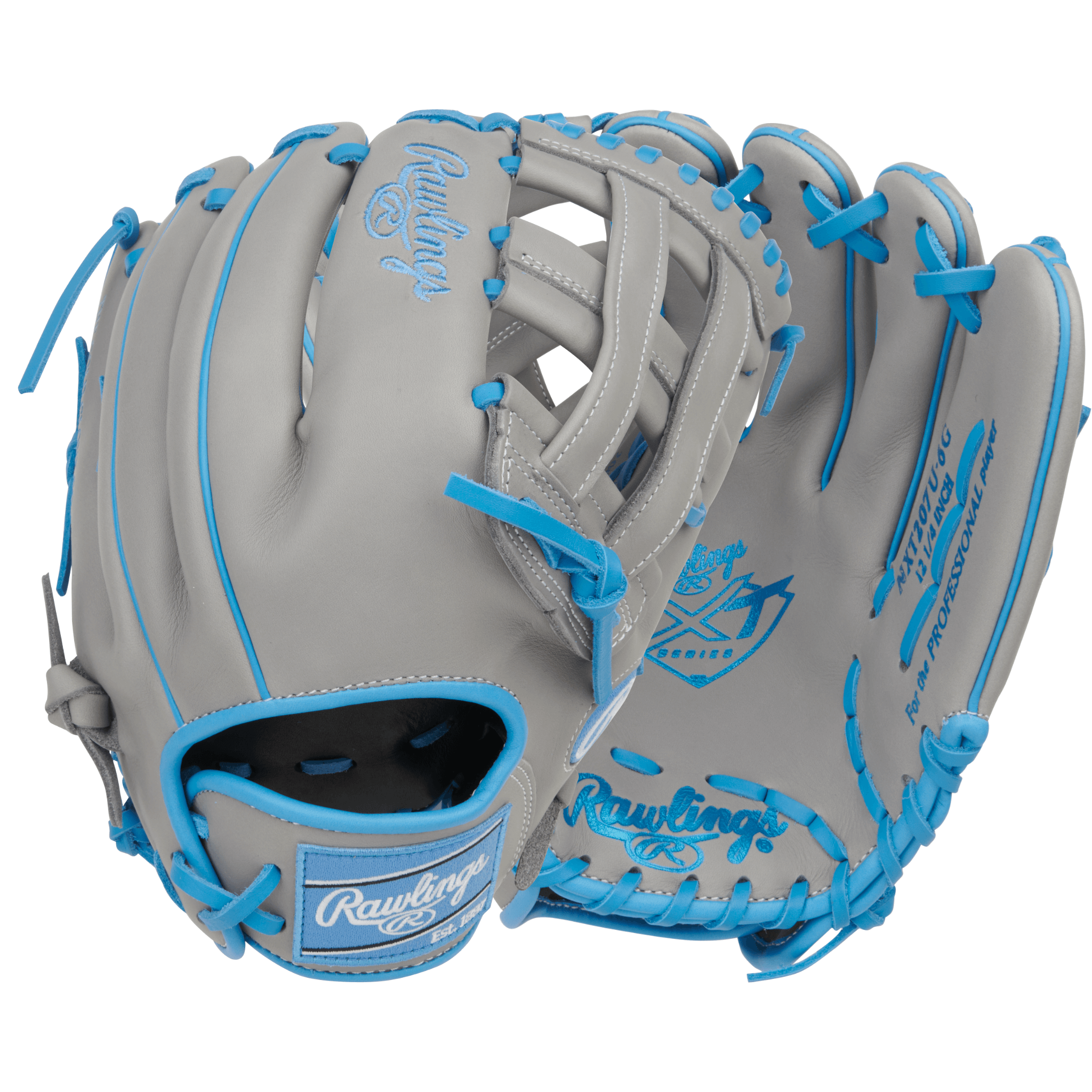 Rawlings NXT Series 12.25" Gray/Columbia Blue utility baseball glove front and back view with 207U pattern and Pro H™ web