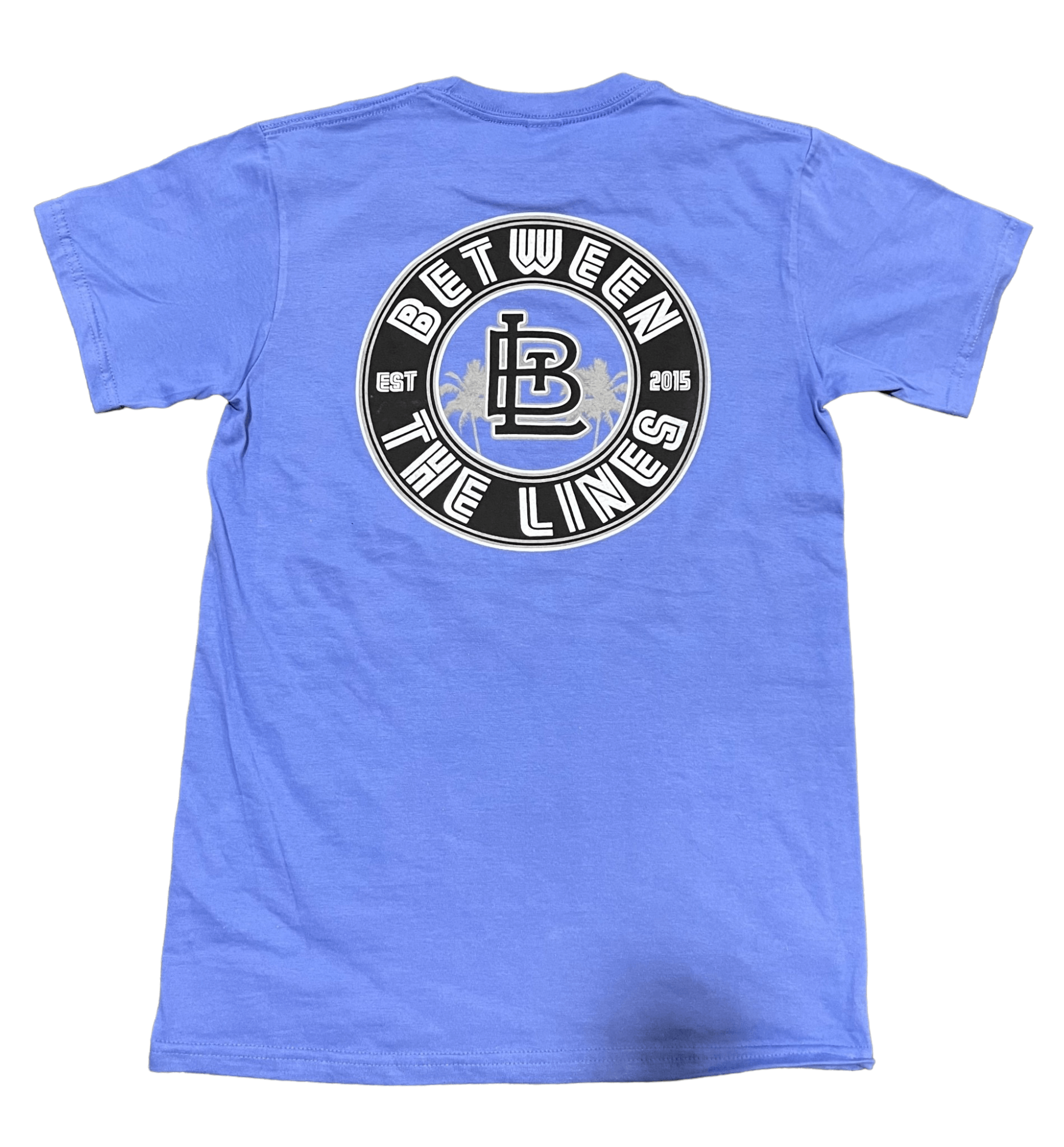 Blue Between The Lines Palm Tree T-Shirt featuring vibrant logo design and short sleeves, perfect for tropical style.