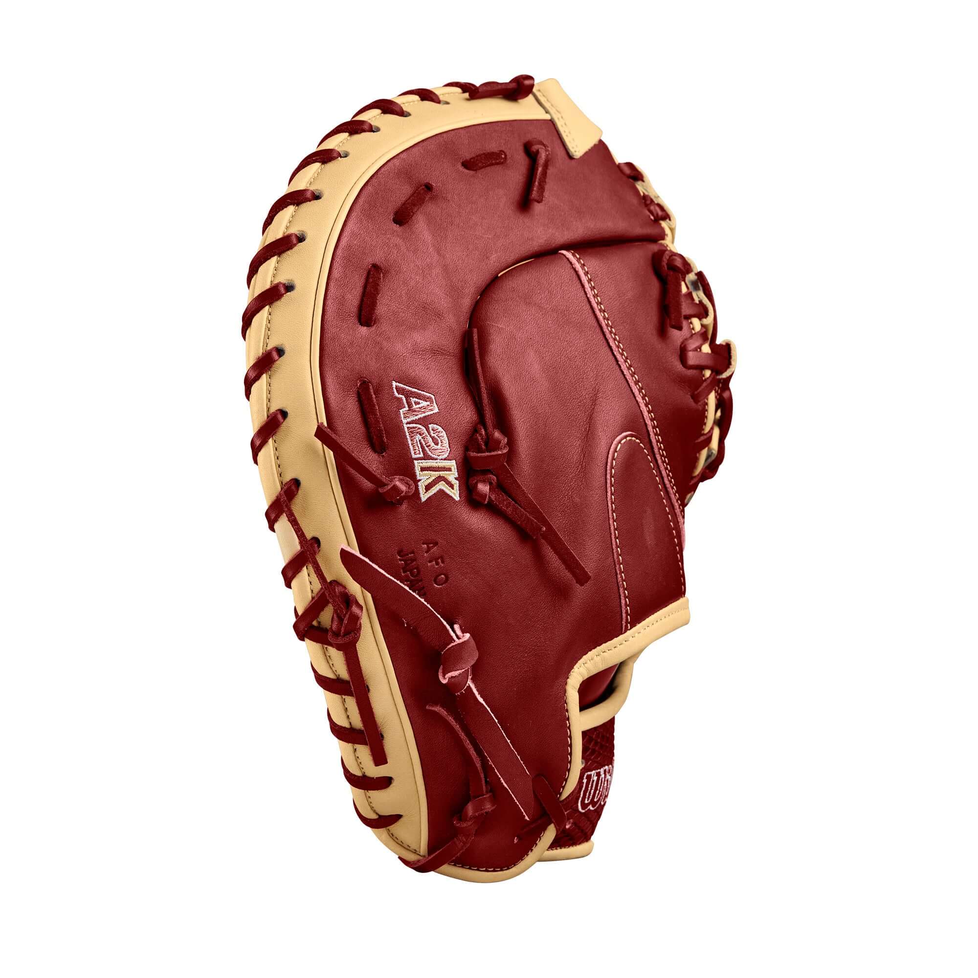 Wilson A2K 1679 Baseball First Base Mitt in Red and Blonde, 12.5 inches, showcasing premium Pro Stock leather craftsmanship.