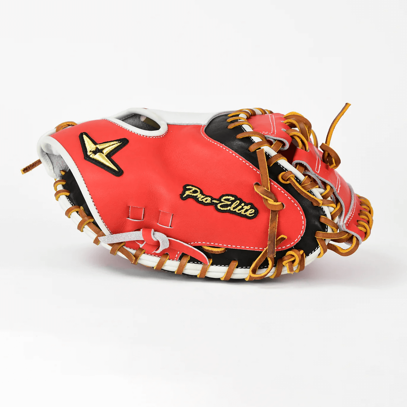Side view of All-Star Pro-Elite Japan 34" Catchers Mitt Open Back Red/Black/White with gold lacing and Pro-Elite logo.