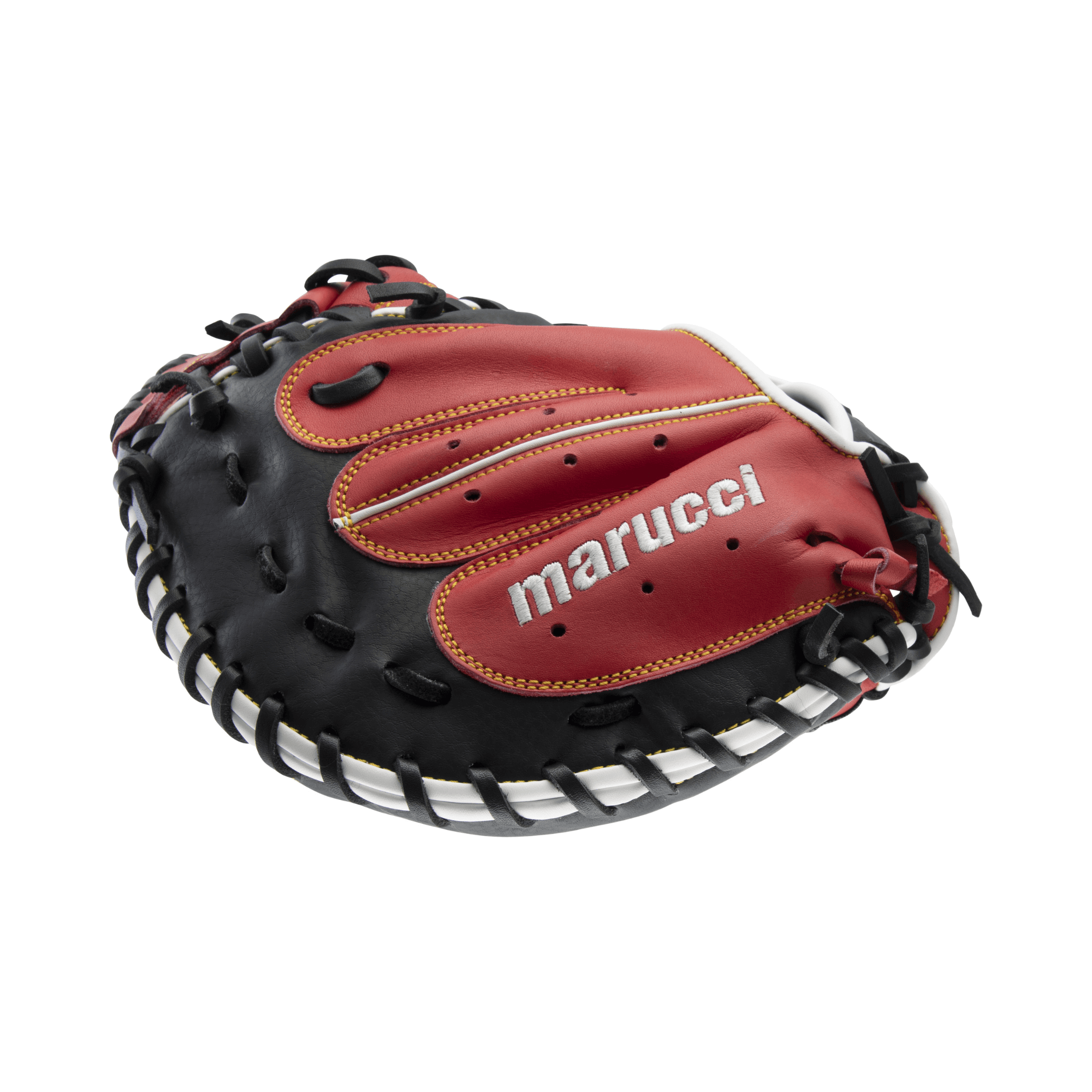 Marucci Caddo Series V2 31-inch catcher's mitt in red and black, featuring adjustable thumb, pinky loops, and cowhide leather.