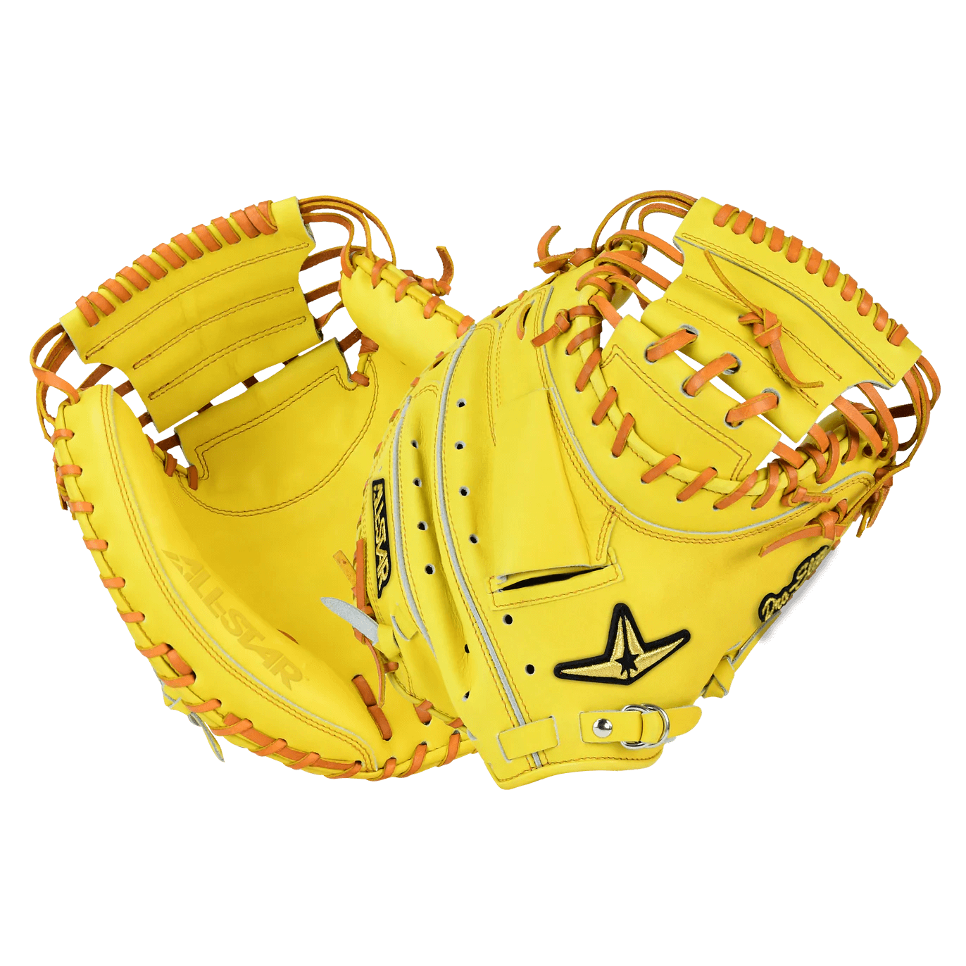 All-Star Pro-Elite Japan 34 Catchers Mitt Closed Back in yellow and light brown showcasing elite performance and craftsmanship.