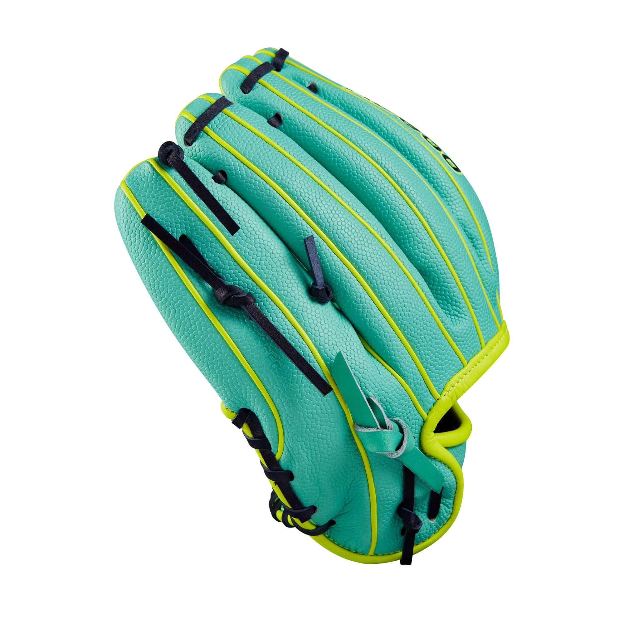 Wilson A2000 DP15SS infield baseball glove in seafoam and optic yellow, designed for smaller hands, 11.5 inches.