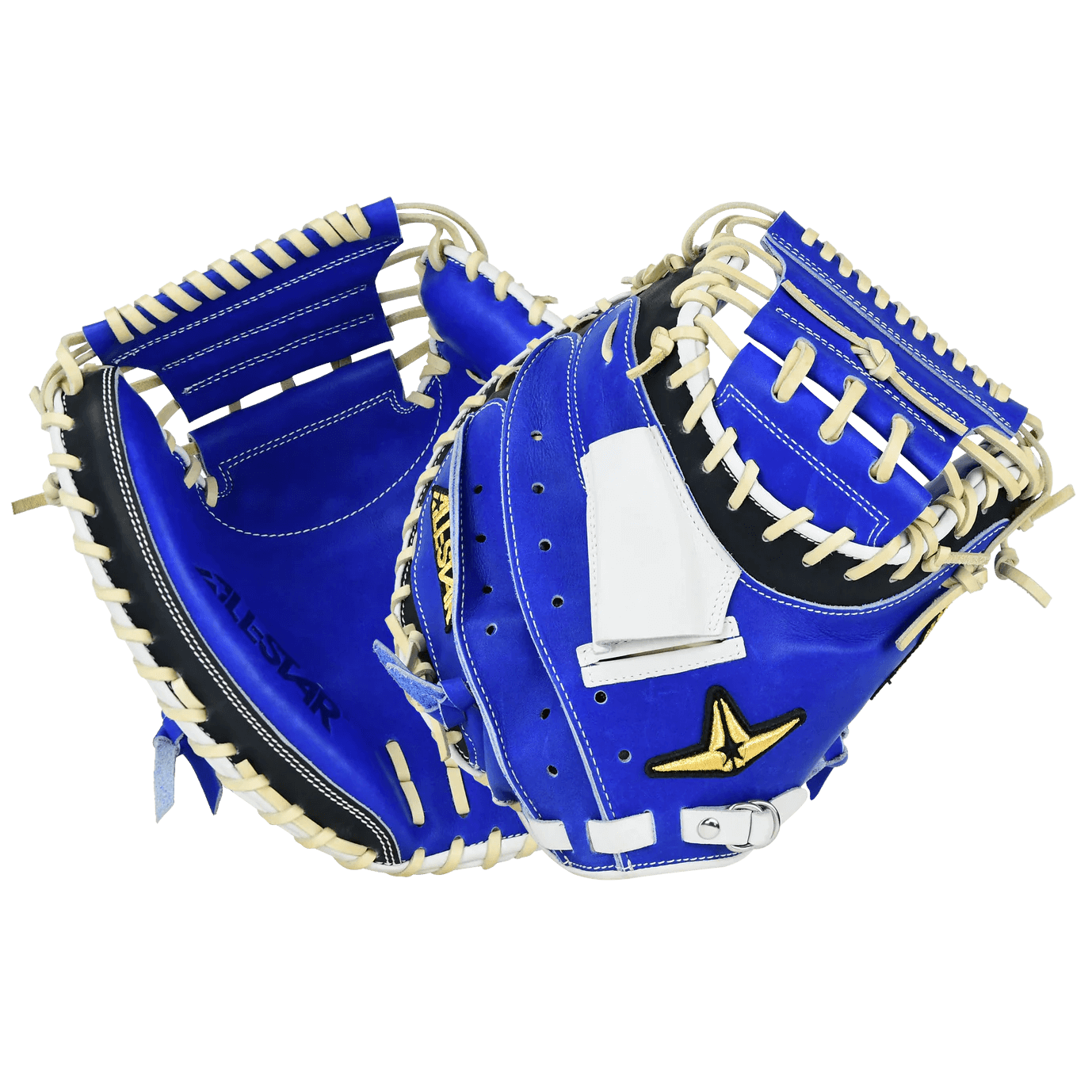All-Star Pro-Elite Japan 34" Catchers Mitt Closed Back Royal/Nav/White in blue and white design, showcasing professional craftsmanship.