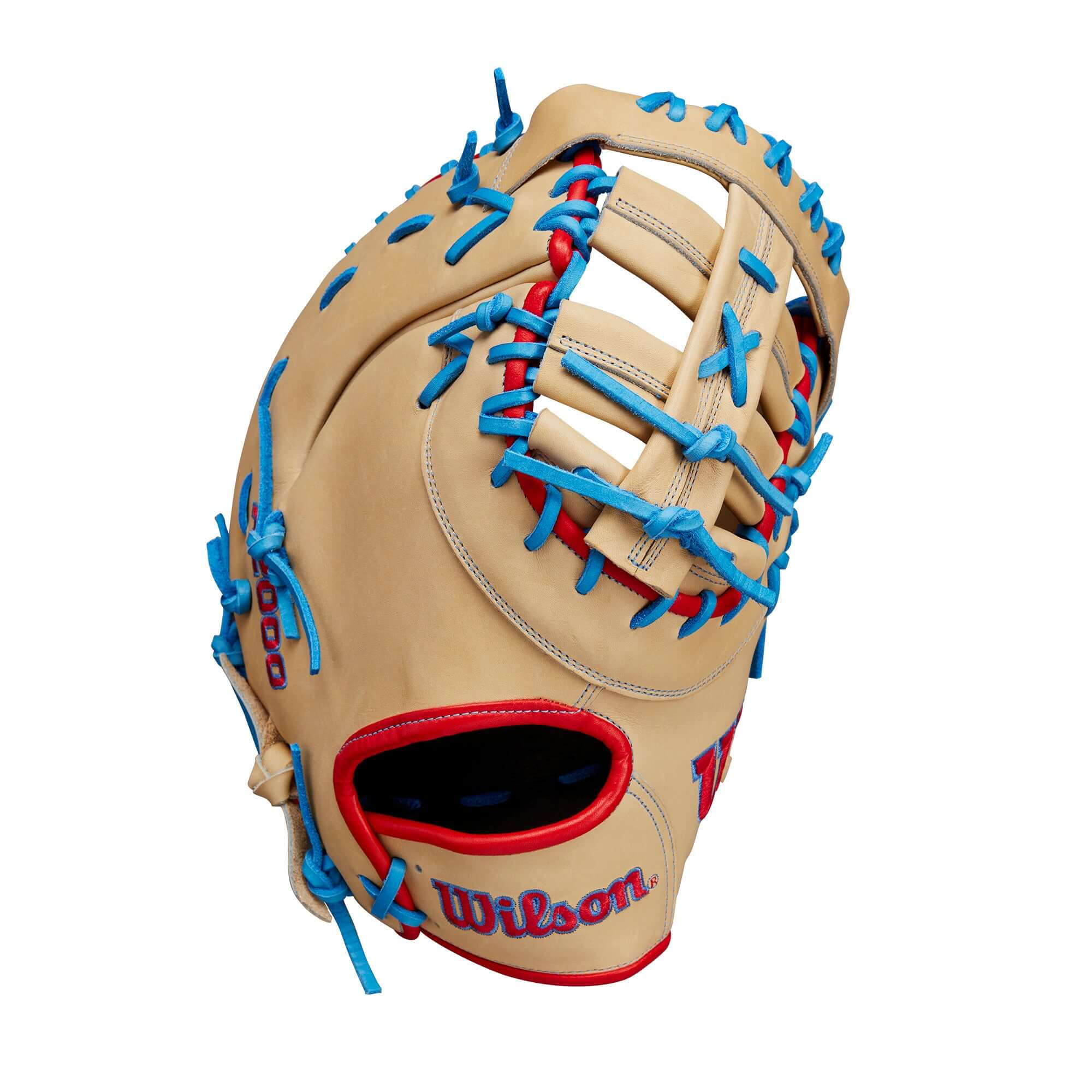Wilson Spring 2025 A2000 1677 12.5" first base mitt with blue laces and red accents.