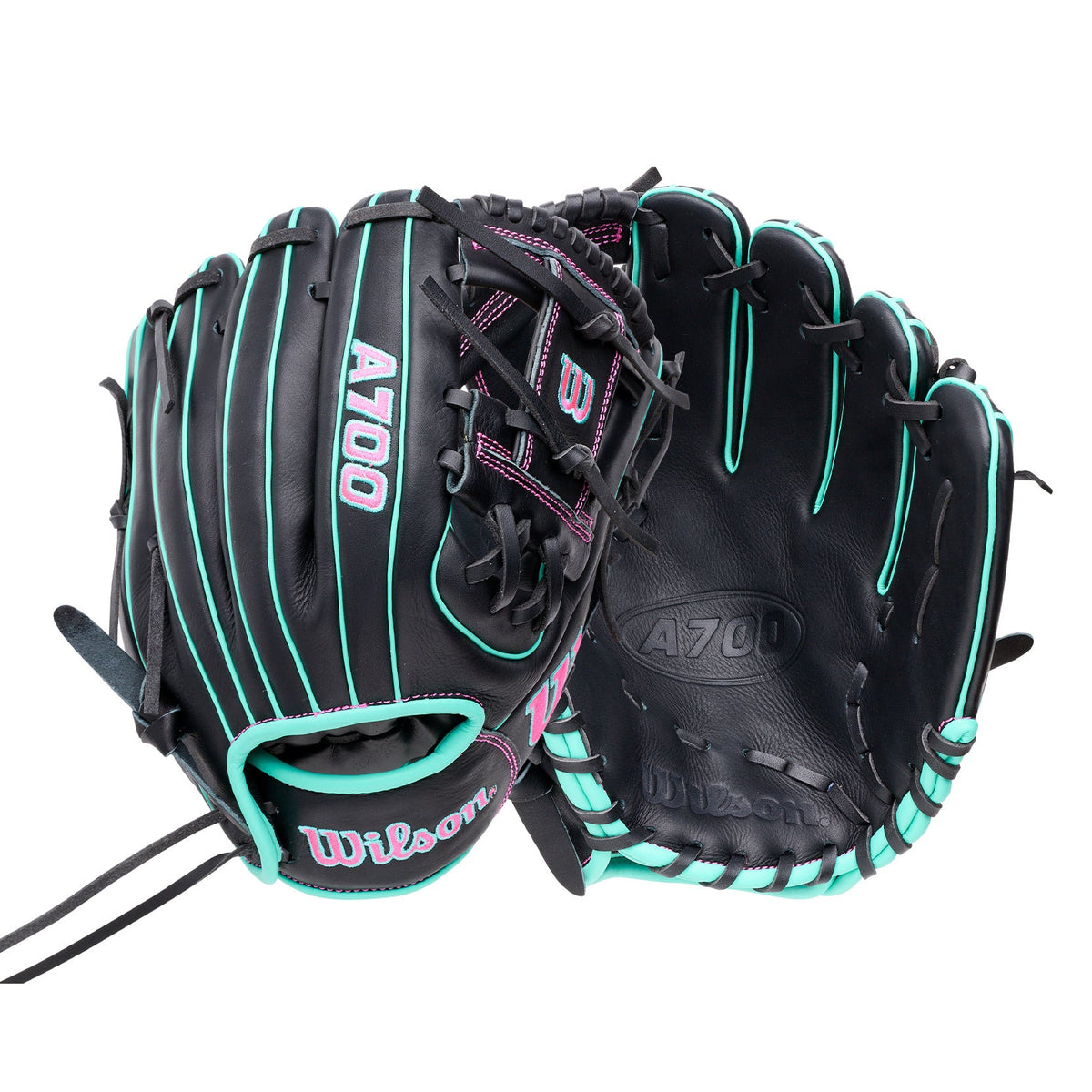 Wilson 2027 A700 11.25” Infield Baseball Glove in black with teal accents, perfect for youth players looking for lightweight, snug fit.