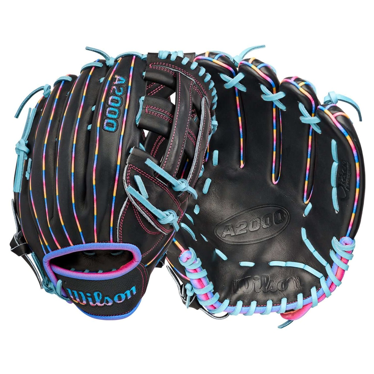 Wilson 2026 Love the Moment 1750 12.5” Outfield Baseball Glove palm view featuring black leather, rainbow stitching, and blue laces.