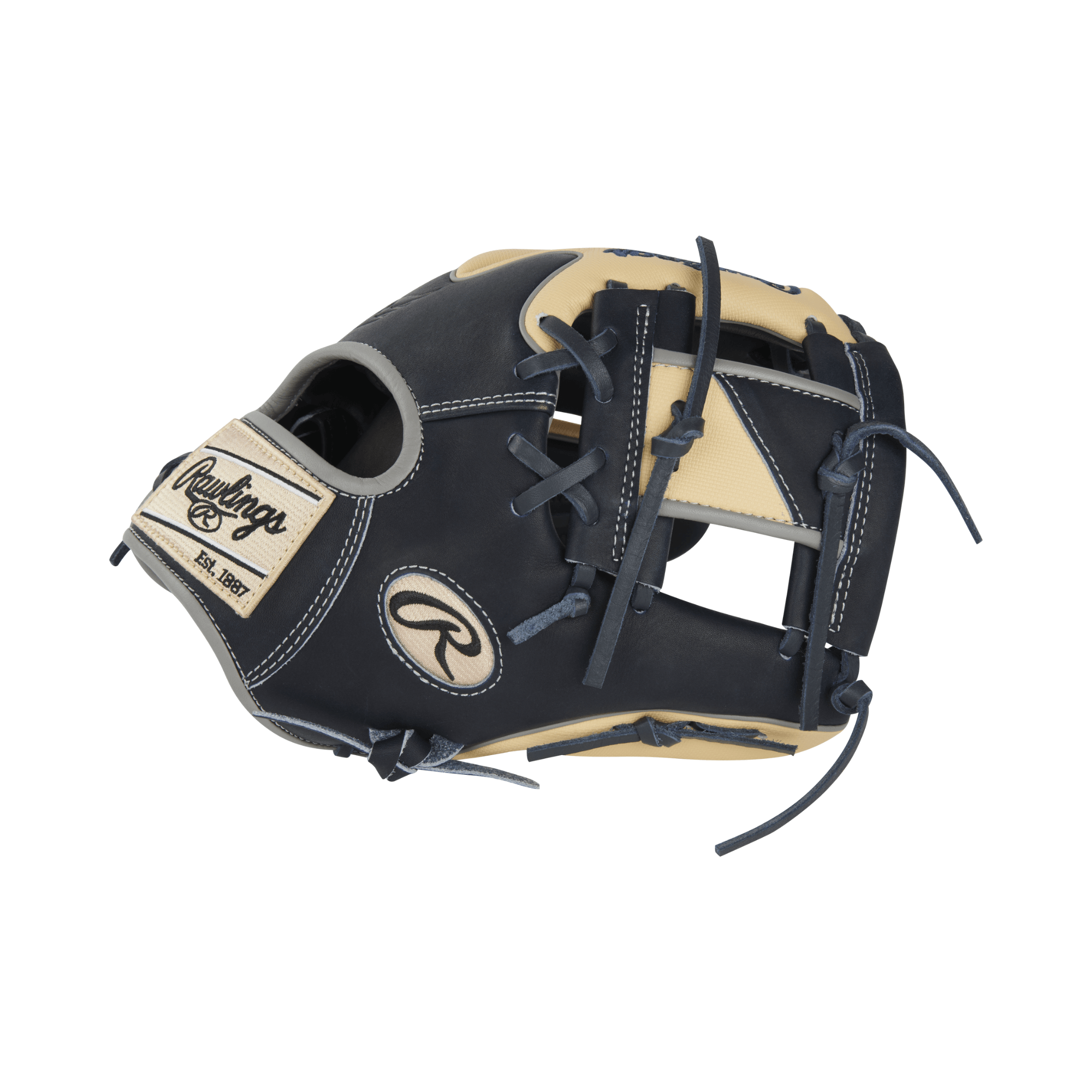 Rawlings Heart Of the Hide Color Sync 8.0 baseball glove in camel and navy, 11.5" RHT design with unique Wing-Tip welting.