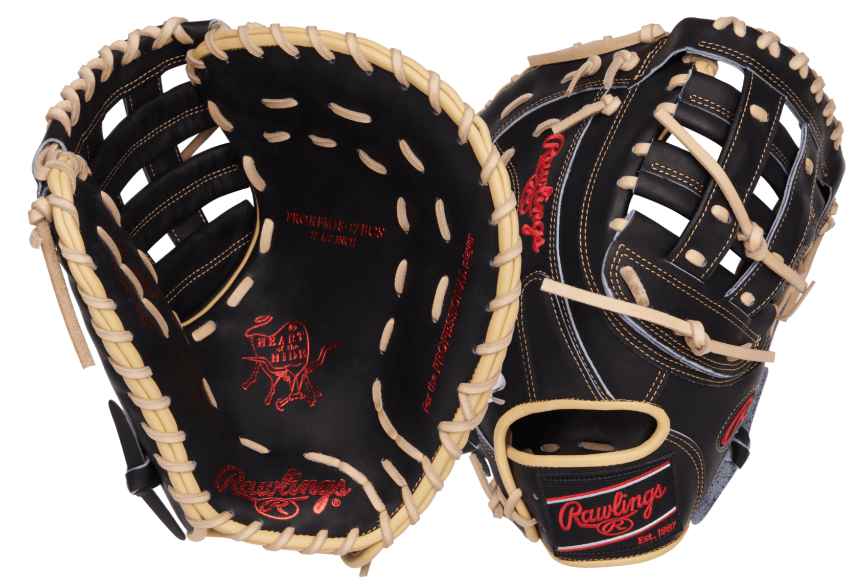 Rawlings Heart of the Hide 12.5" First Base Mitt in black with tan lacing, showcasing durable leather construction for baseball defense.