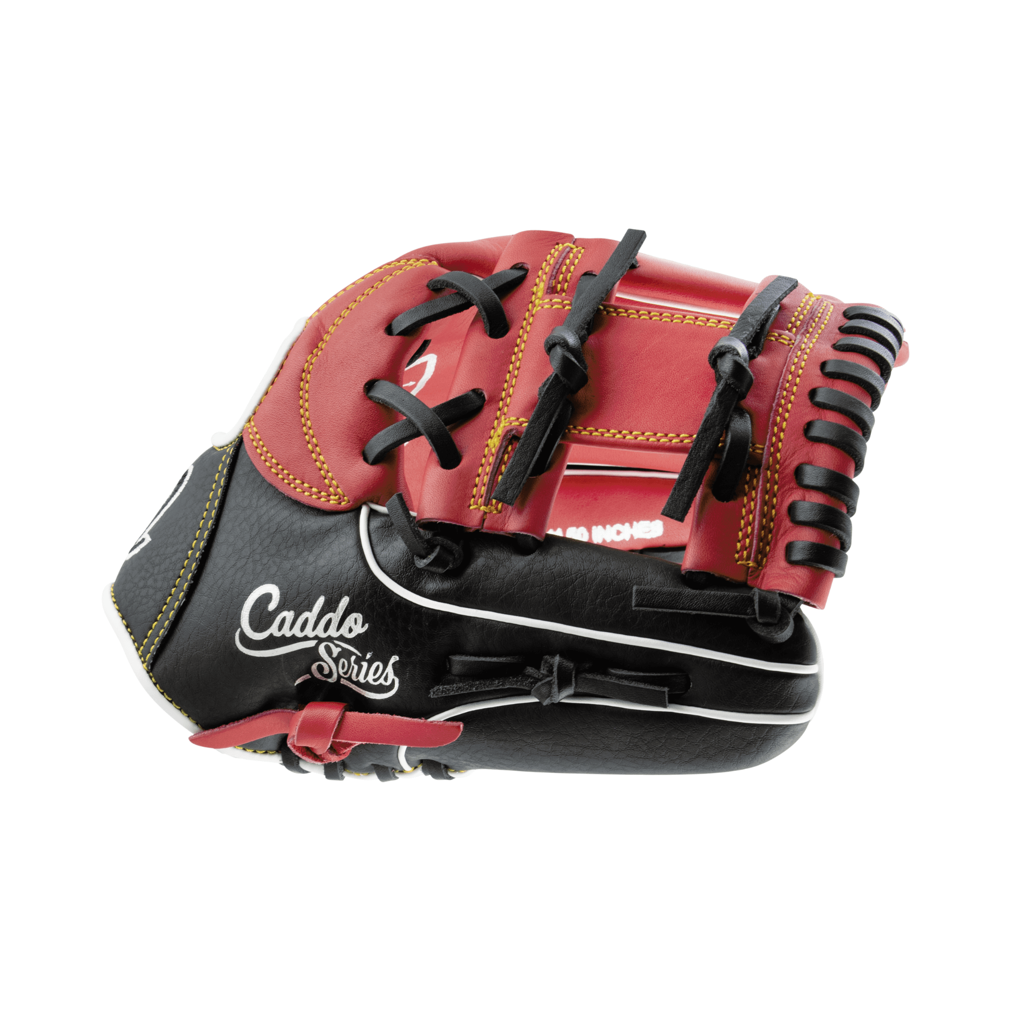 Marucci Caddo Series V2 11.5" I Web RHT baseball glove with red and black design, featuring adjustable fit and EZ Flex technology.