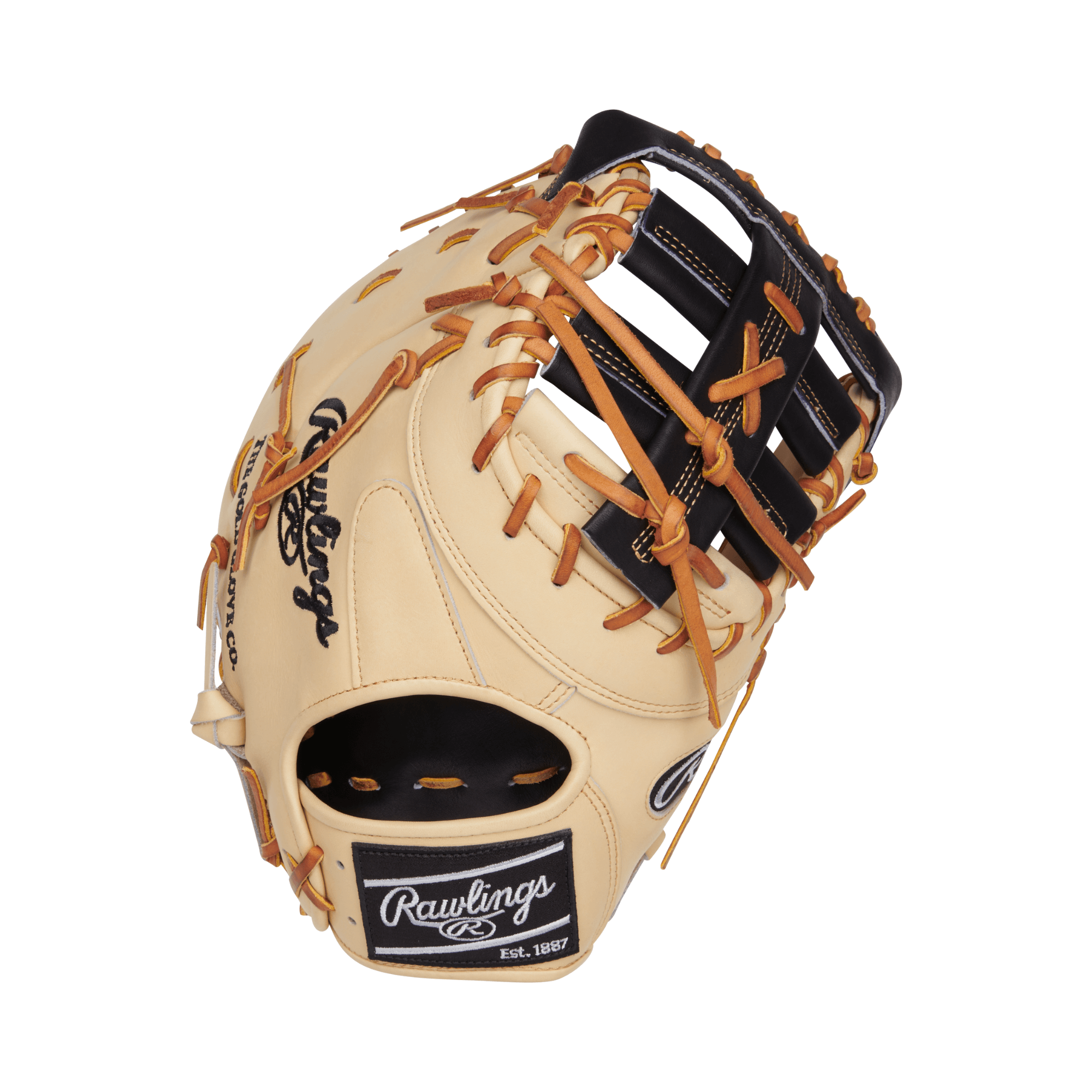 Rawlings Heart of the Hide Series 13" First Base Mitt in camel and black, showcasing durable leather and excellent craftsmanship.
