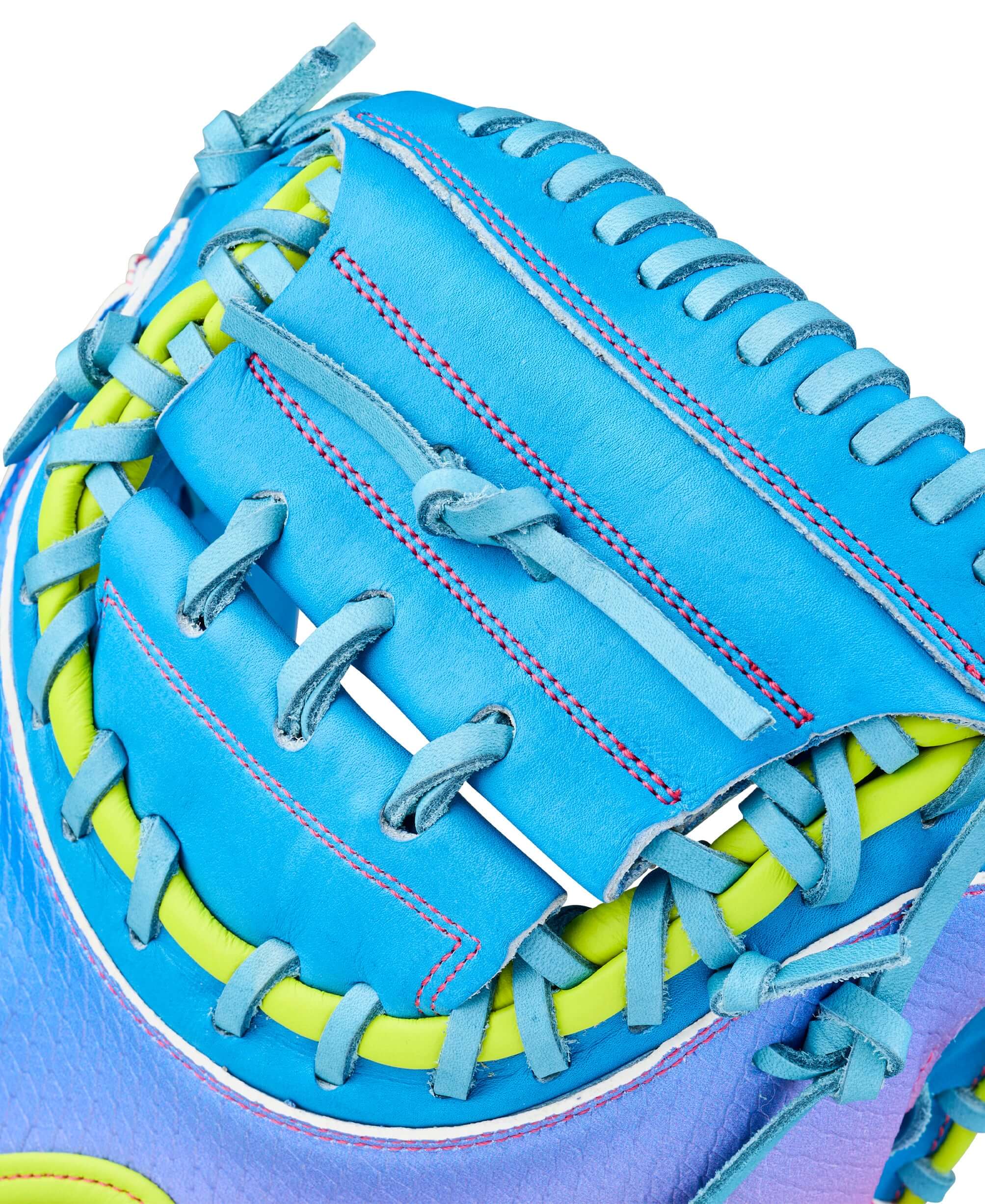 Close-up of Wilson 2026 A2000 Catcher's Mitt, blue and green lacing, intricate design for baseball catchers