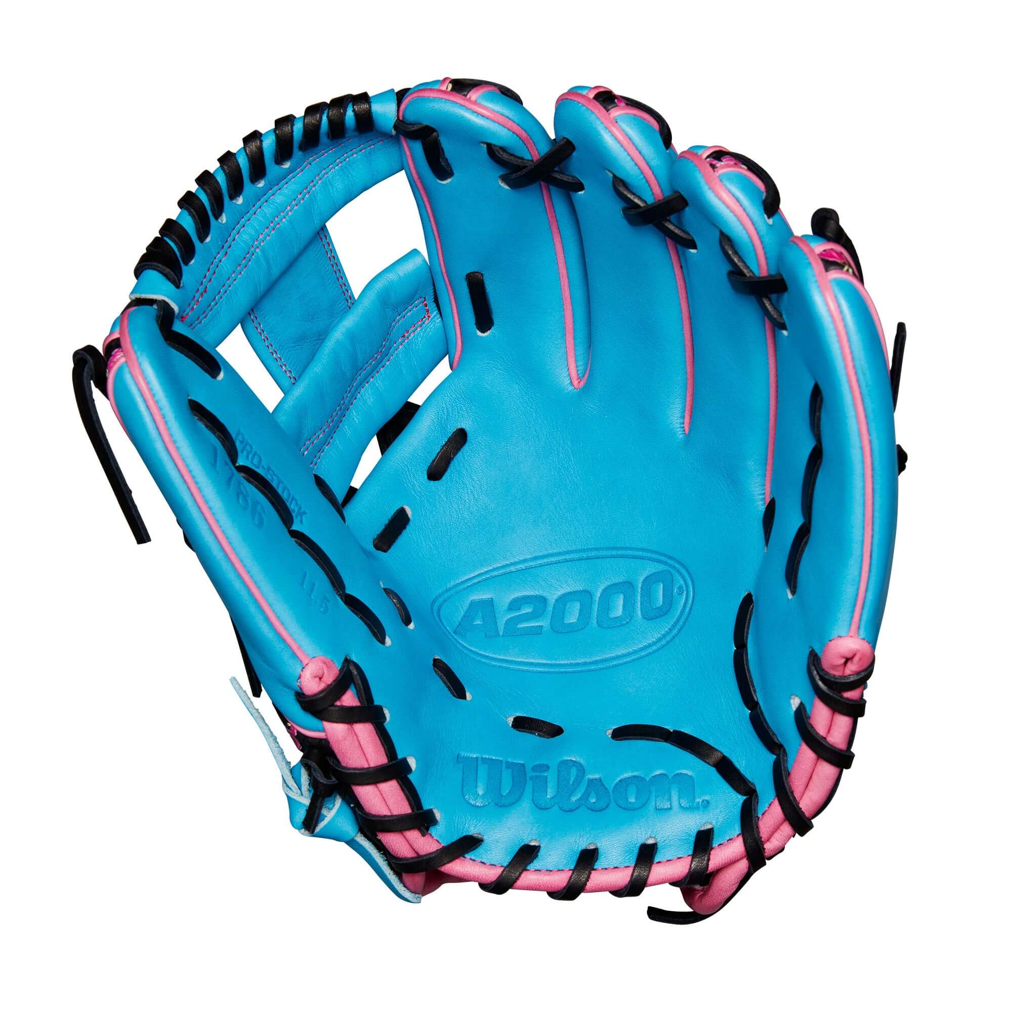 Wilson A2000 1786 March GOTM glove in Tropical Blue with pink accents and Black SuperSnakeSkin, 11.5" H-Web design.