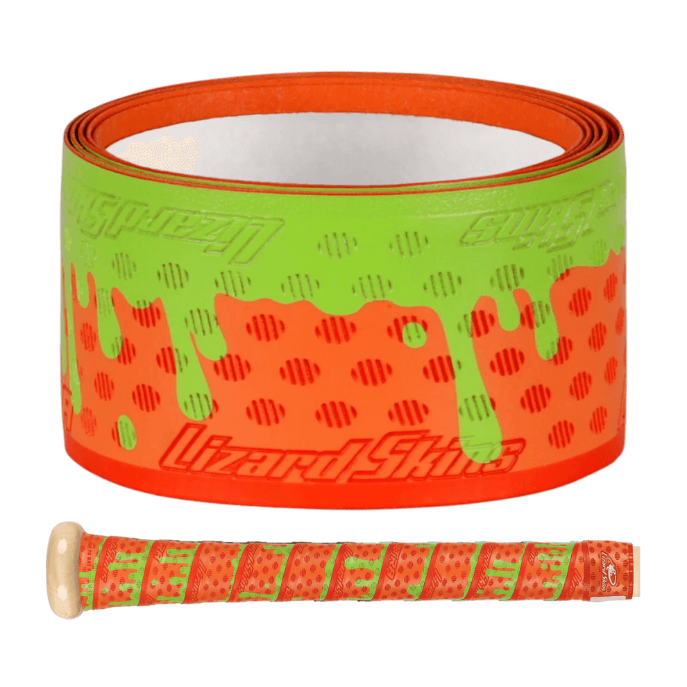 Lizard Skins DSP Ultra Bat Grip - 1.1 mm in rolled view showing green and orange pattern with embossed branding and drip design.