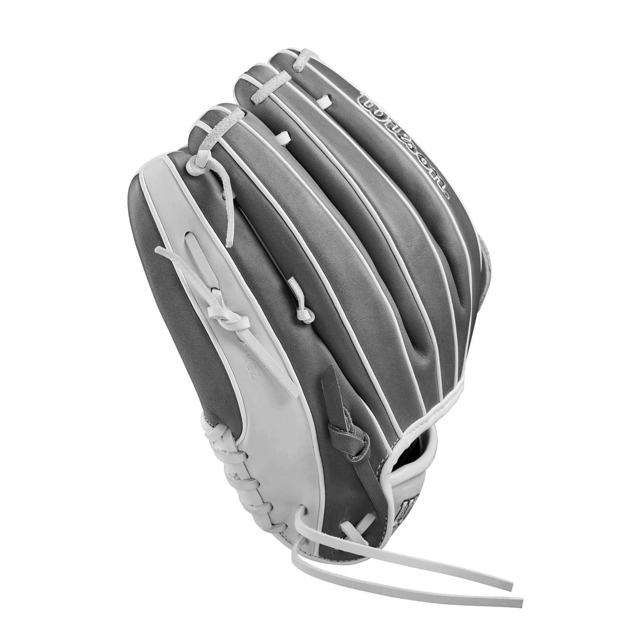 Wilson 2025 A1000FP IF12 12-inch fastpitch softball glove in white and grey for infield play.