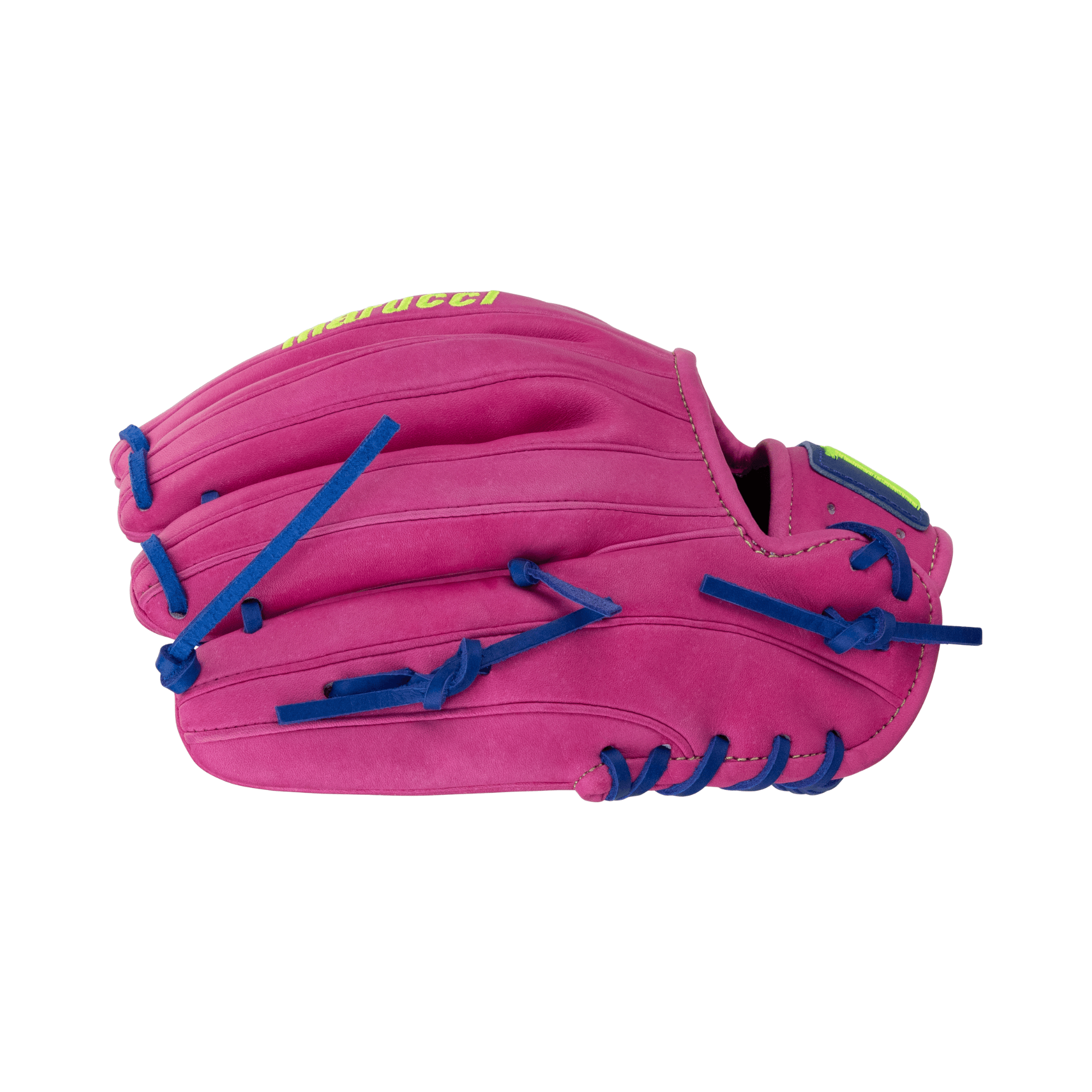 Marucci Cypress M Type 44A2 11.75" pink softball glove with blue accents and comfortable fit features.