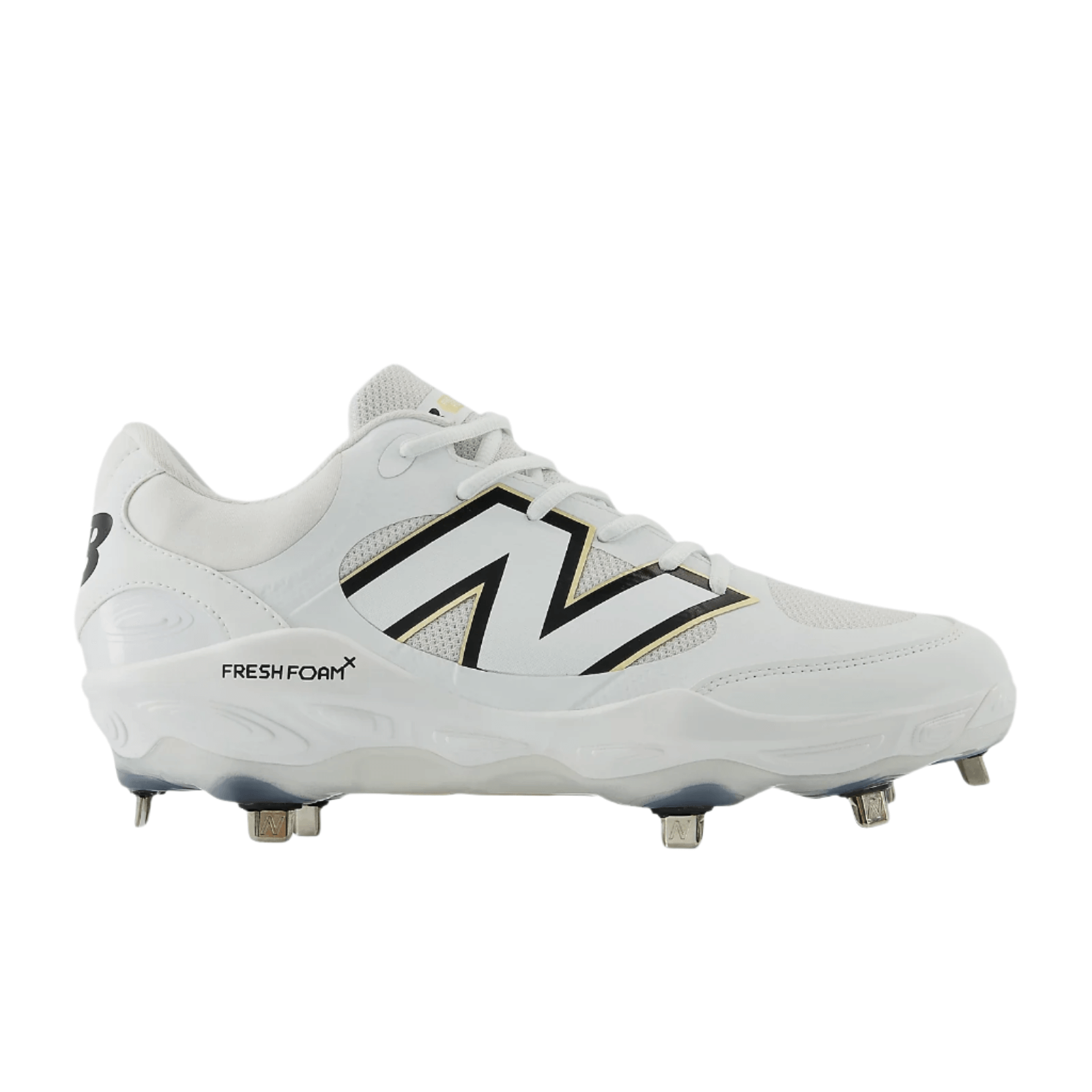 New Balance Fresh Foam X 3000v7 baseball cleats in white with black accents, designed for optimal traction and performance.