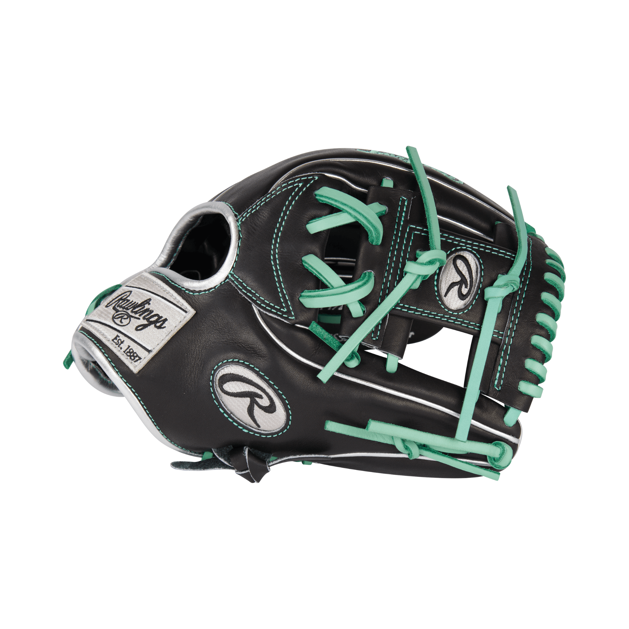 Rawlings Pro Preferred Infield Baseball Glove in black and teal, 11.5 inches, showcasing premium kip leather and wool padding.